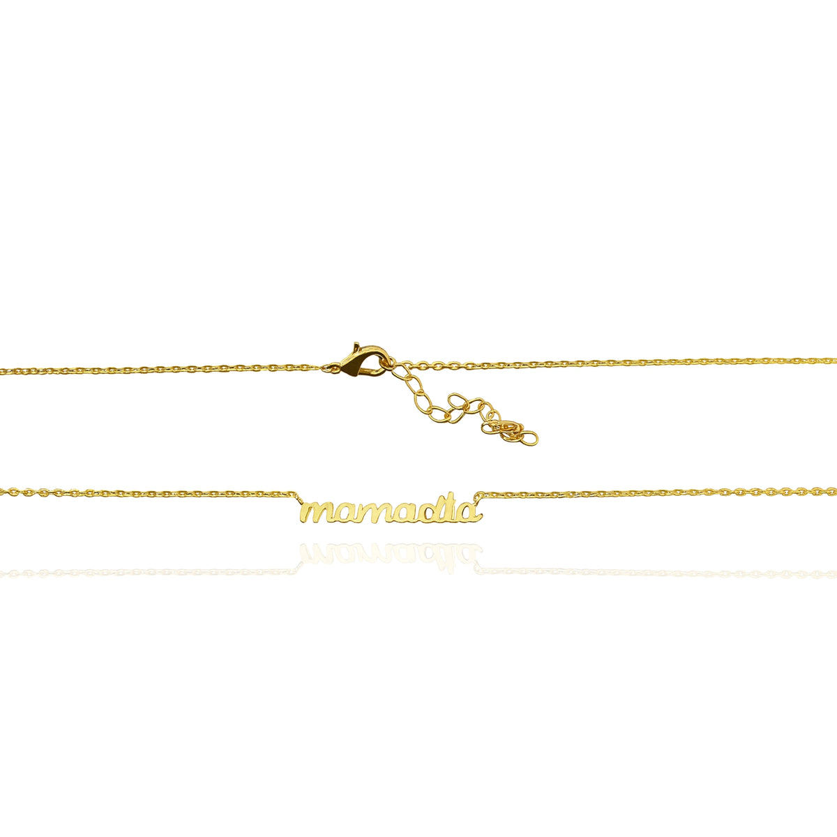 Flat lay of an 18K gold filled mamacita necklace with adjustable chain and lobster clasp, showcasing its detailed script charm and fine craftsmanship.