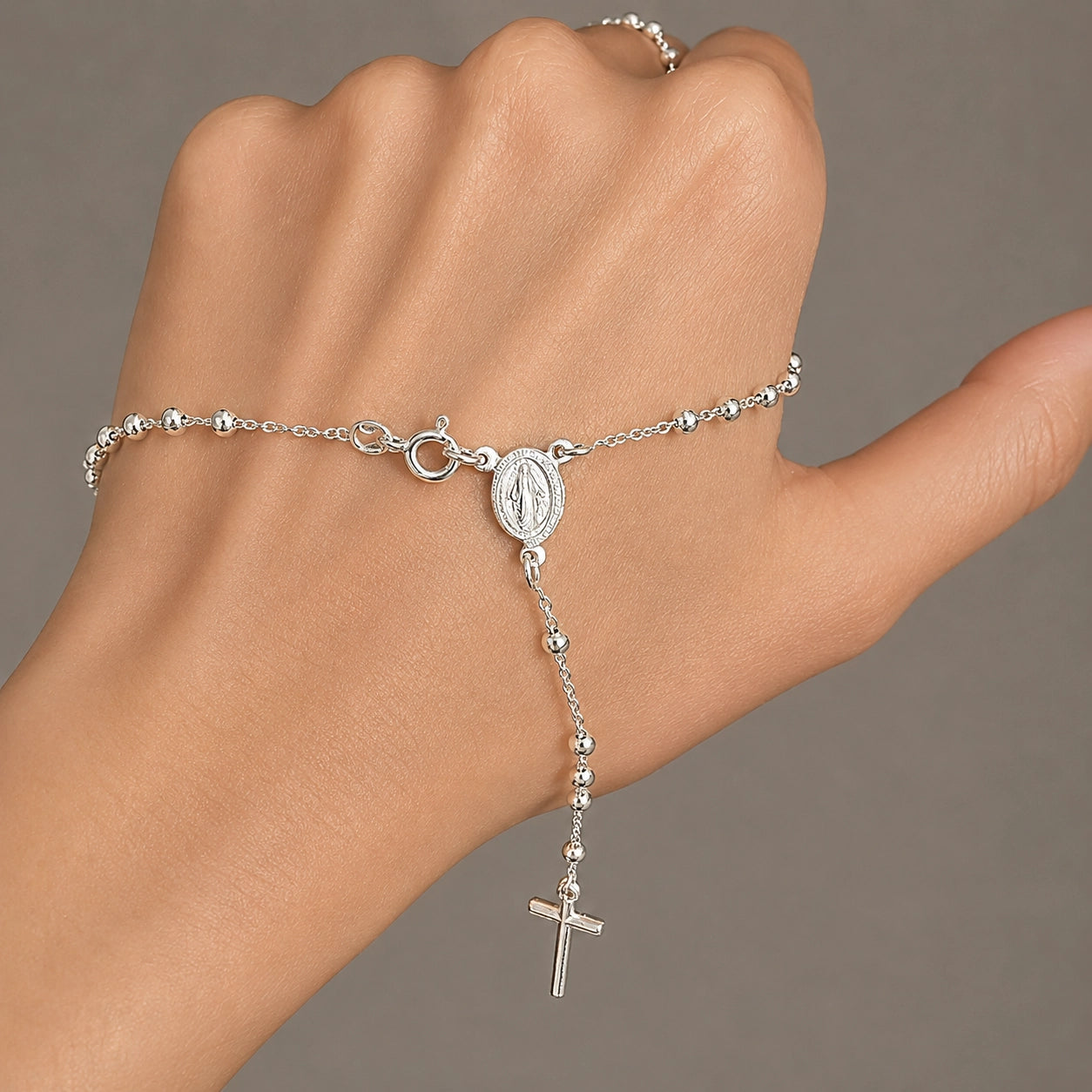 Rosary Lariat Necklace in Sterling Silver