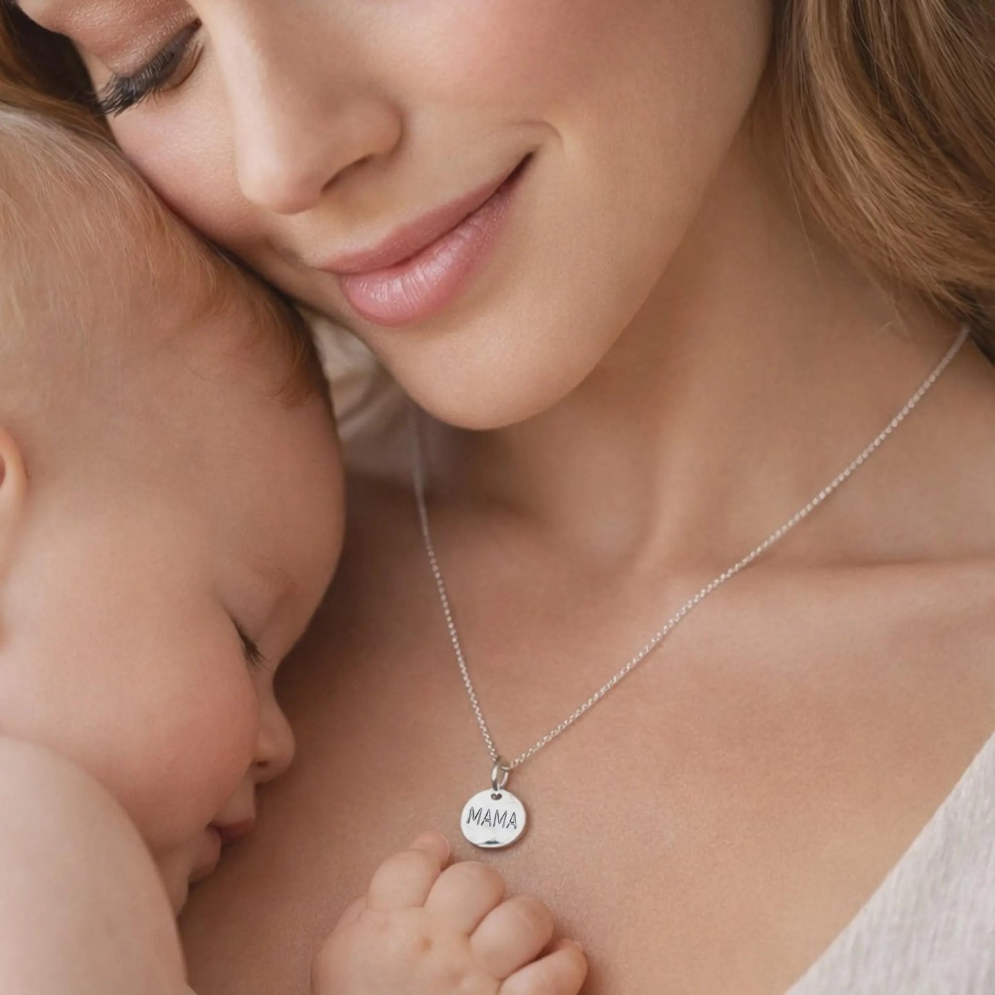 Collar redondo con dije grabado de la palabra "Mamá" y dije de inicial personalizado