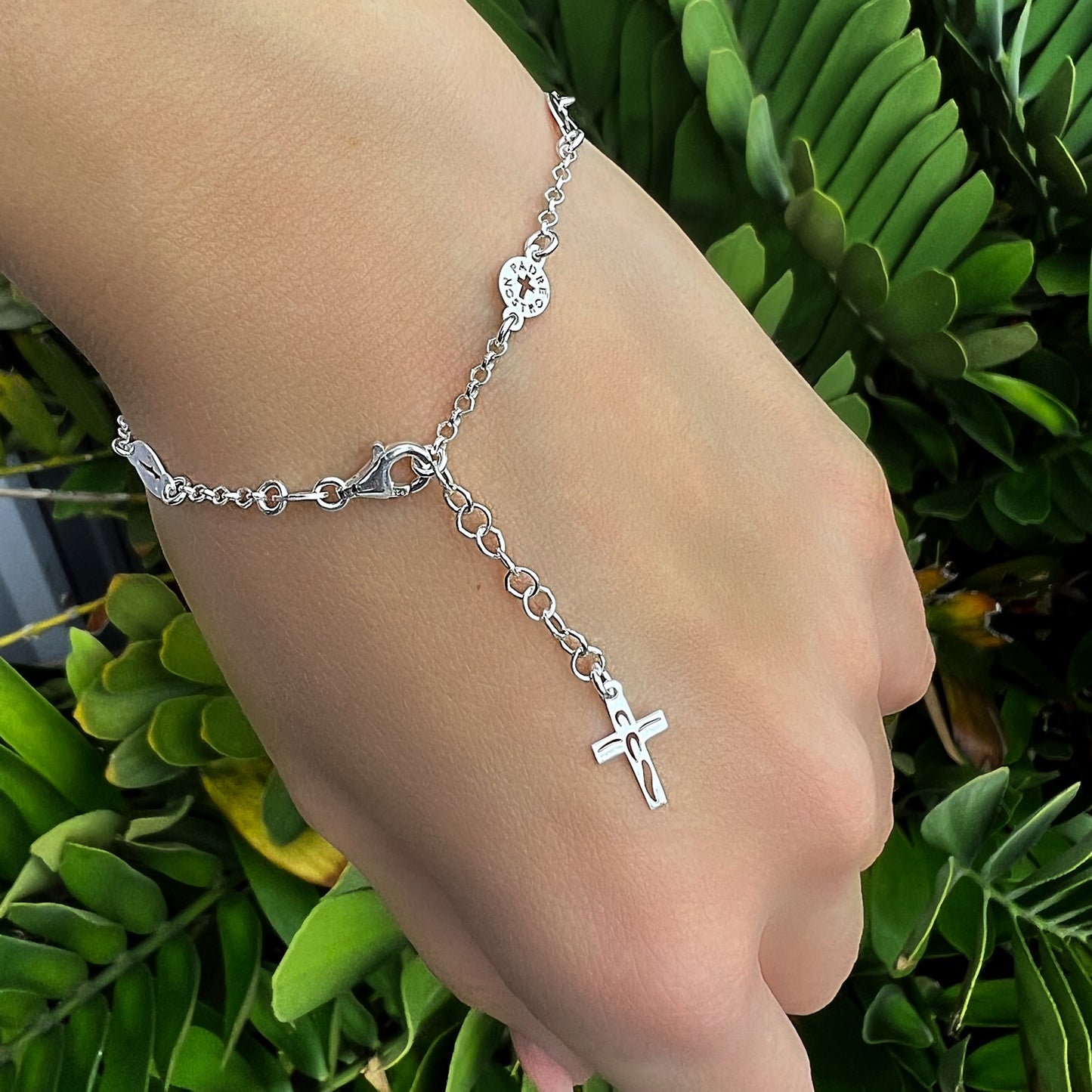 Religious Chain Link Bracelet with Dangle Cross Charm and Cut Out Padre Nostro Design