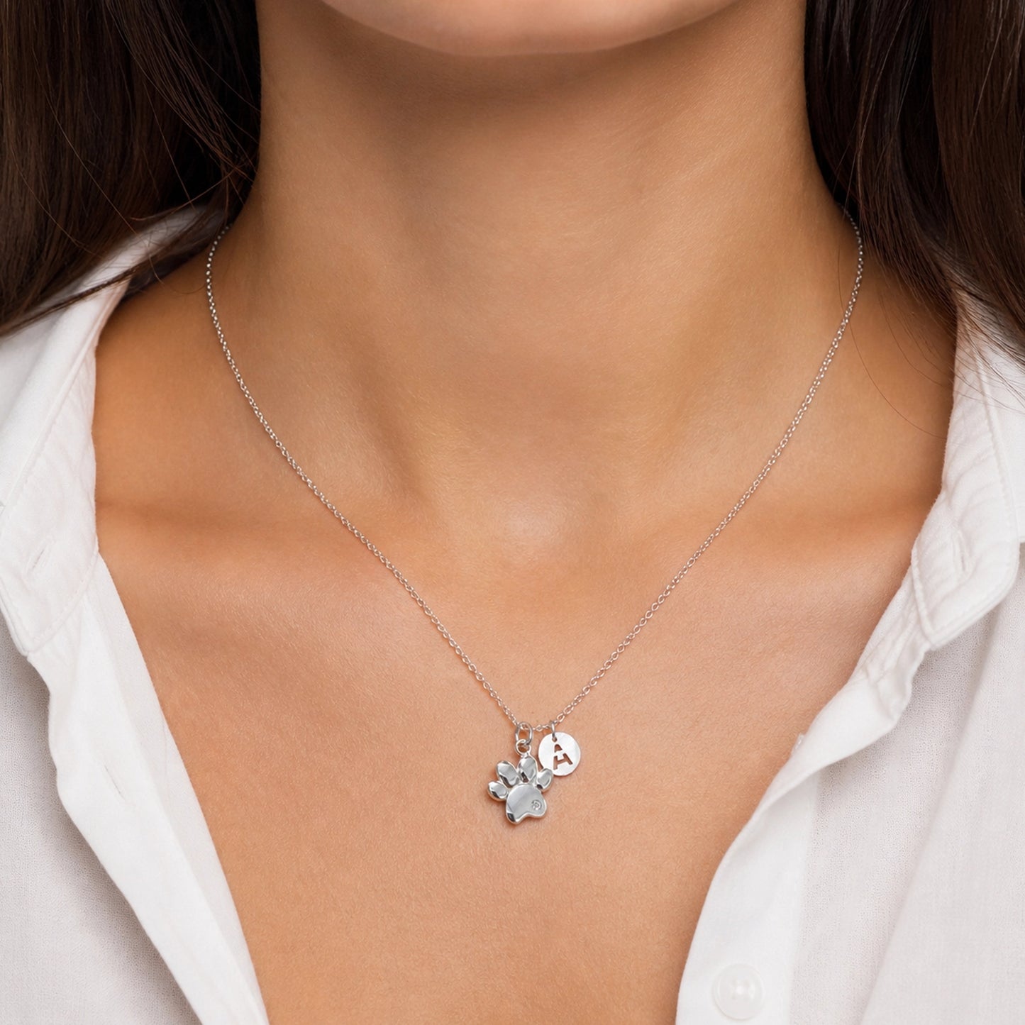 Paw Print Necklace with Initial Charm in Silver