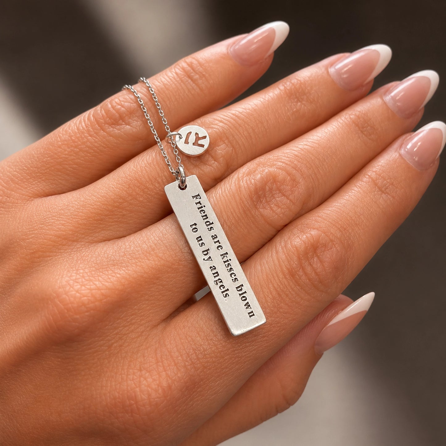 Meaningful Friend Necklace • Engraved Quote Bar with Initial Charm