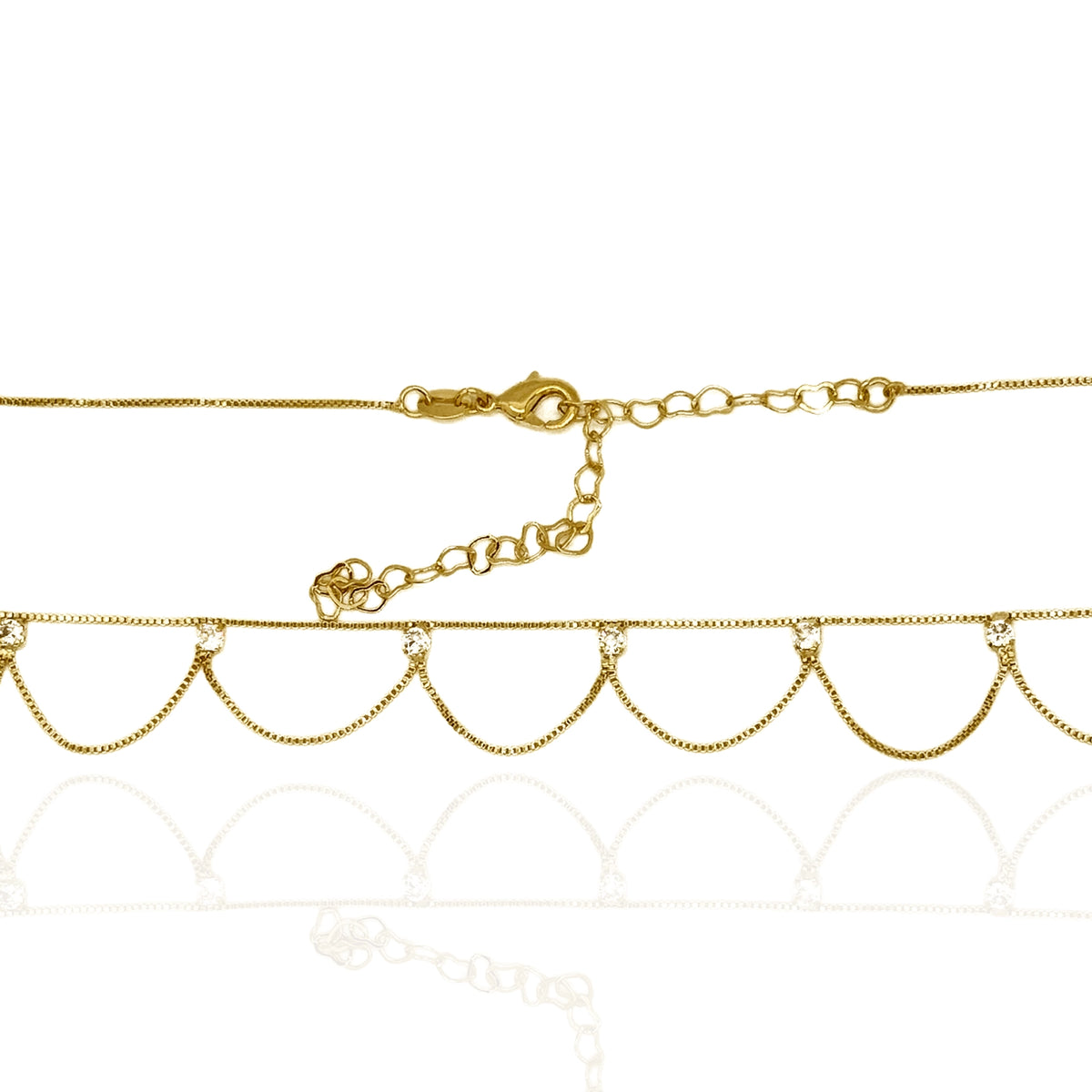 Delicate 18K gold filled belly chain with CZ-studded scalloped loops and adjustable extender, perfect for beachwear or festivals.