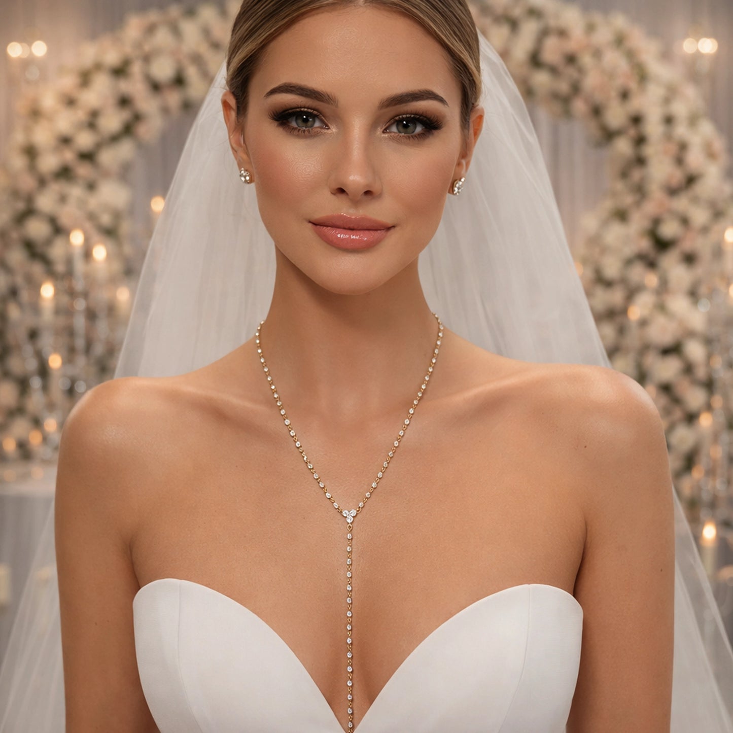 Bride wearing a white dress with 18k gold filled cz lariat necklace in a decorated indoor setting