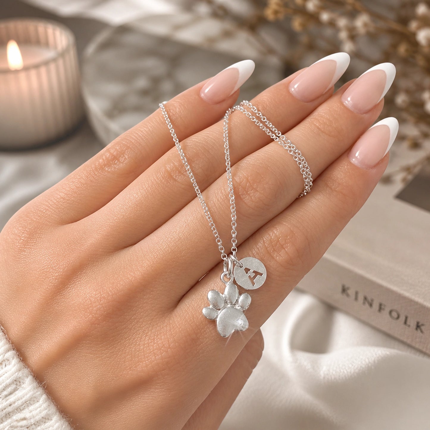 Paw Print Necklace with Initial Charm in Silver