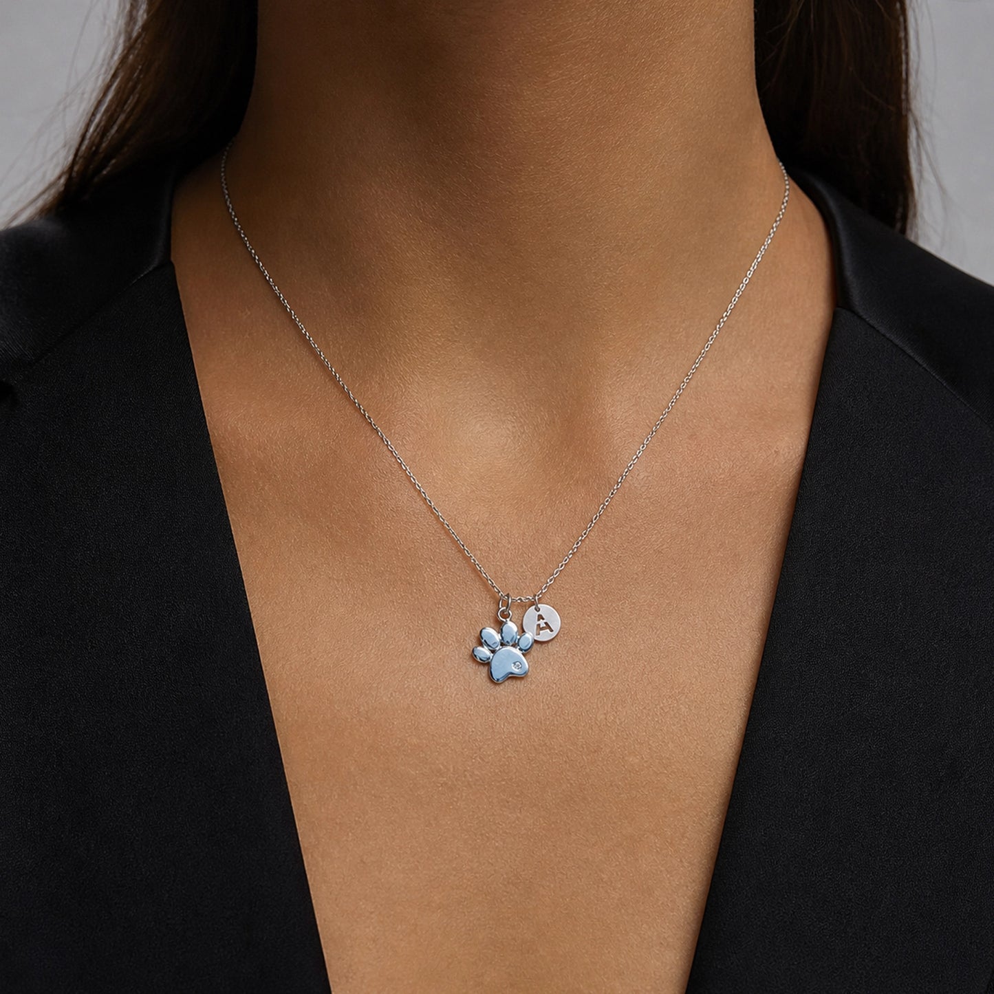 Paw Print Necklace with Initial Charm in Silver