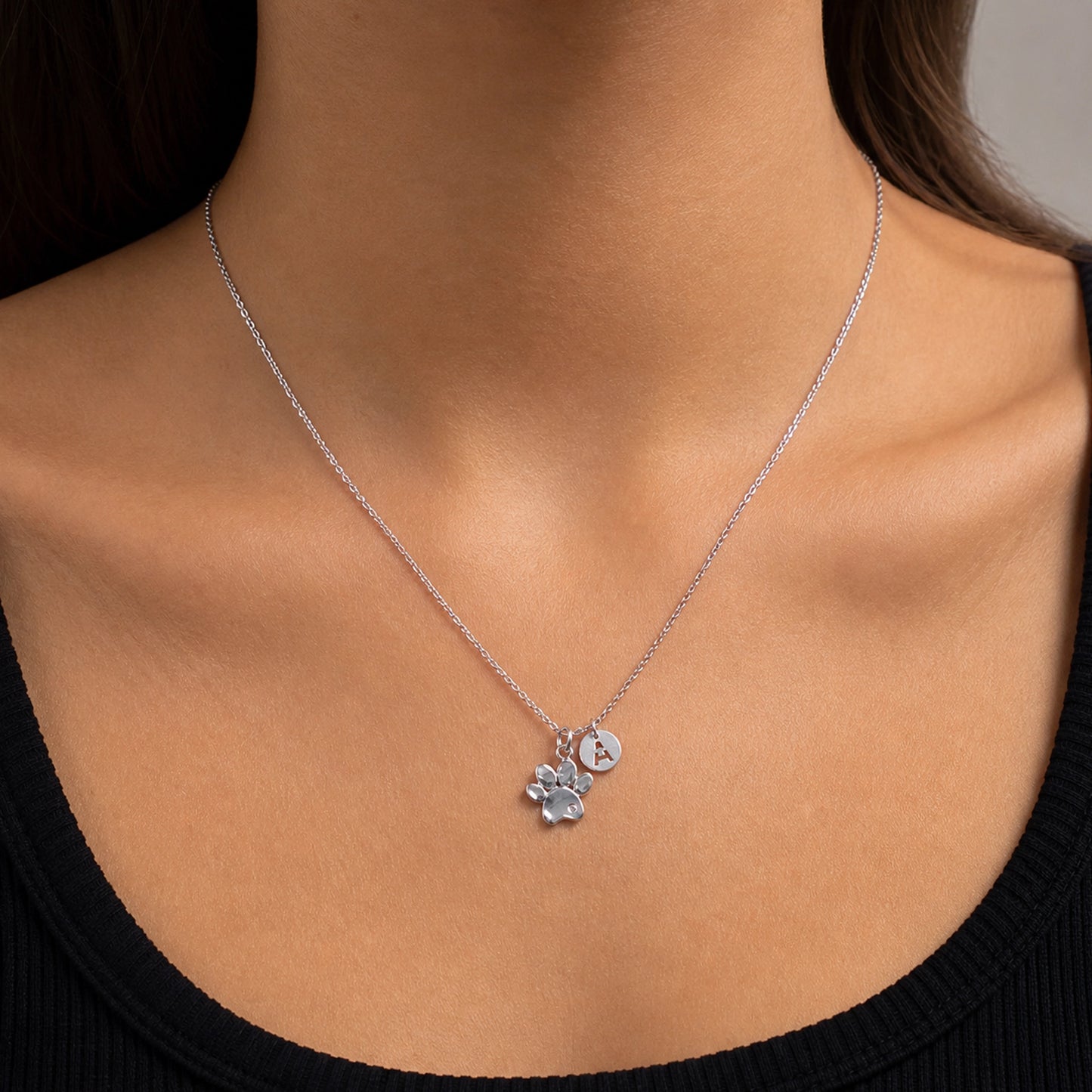 Paw Print Necklace with Initial Charm in Silver