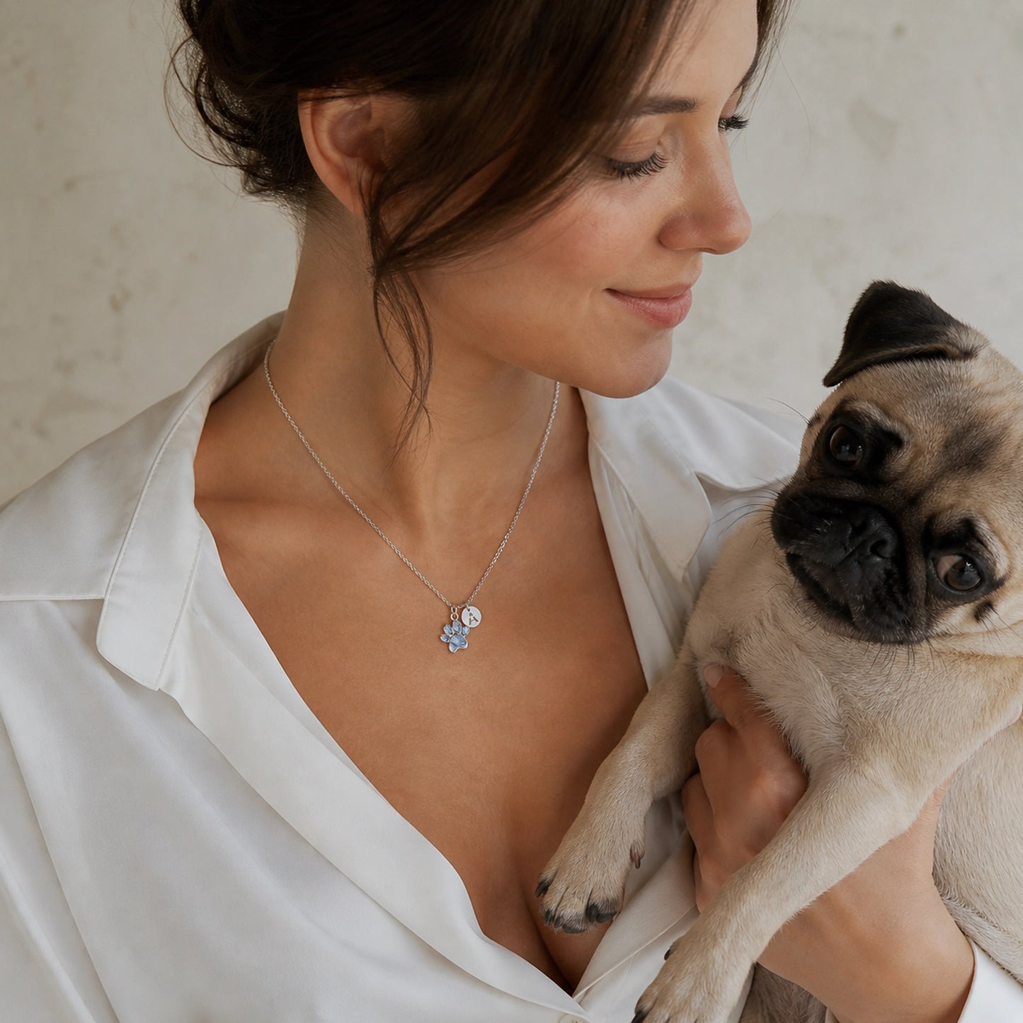 Paw Print Necklace with Initial Charm in Silver