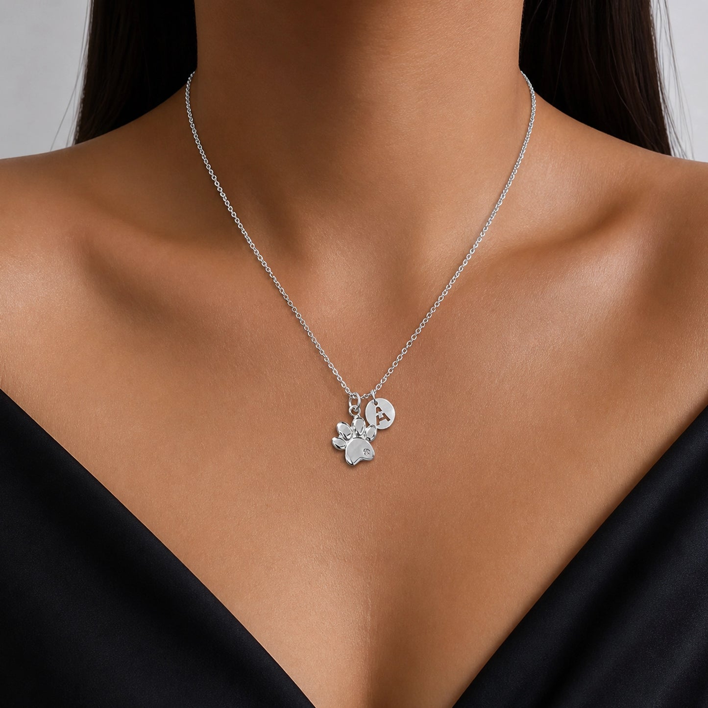 Paw Print Necklace with Initial Charm in Silver