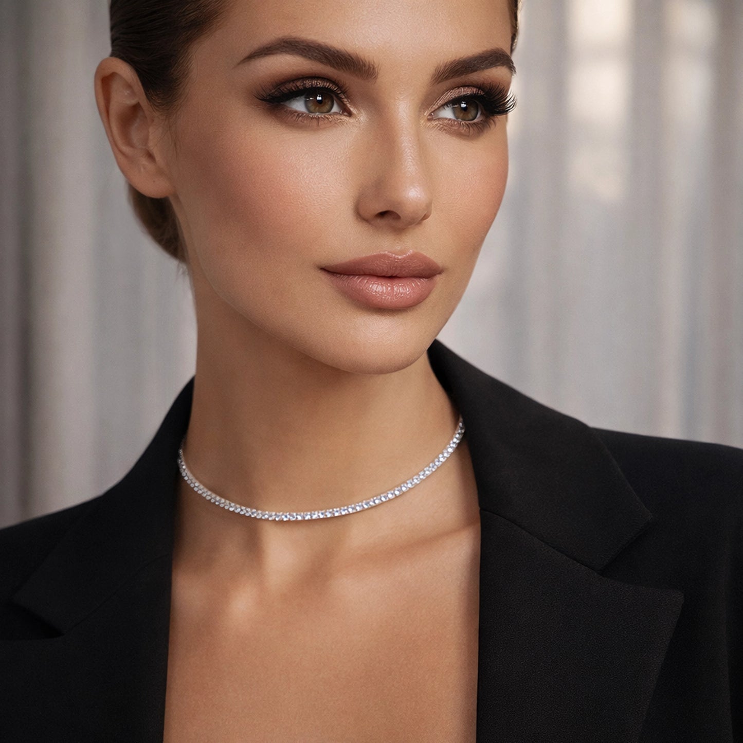 Woman wearing a silver cz tennis necklace against a neutral background