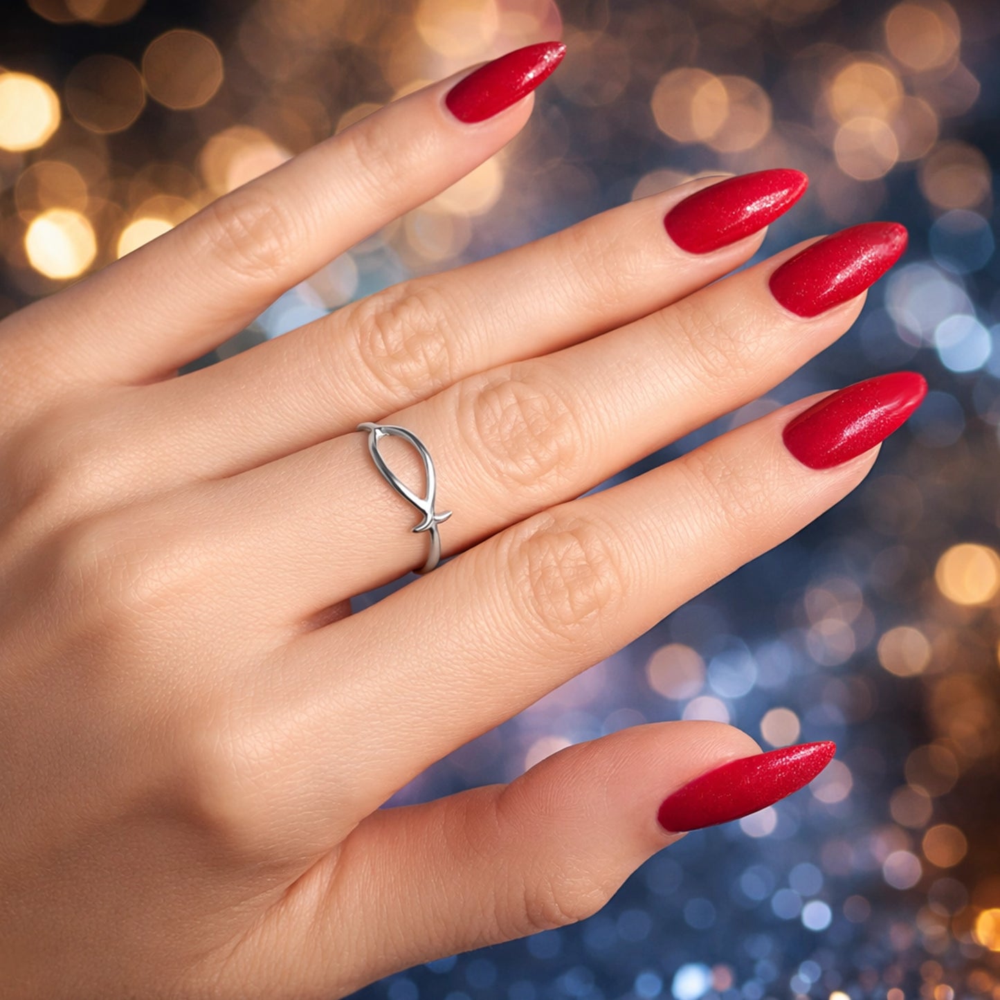 Close-up of a woman’s hand wearing a minimalist silver fish ring, polished and sharp in detail, with smooth natural skin, refined fingers, glossy red manicure, and a clean professional studio background.