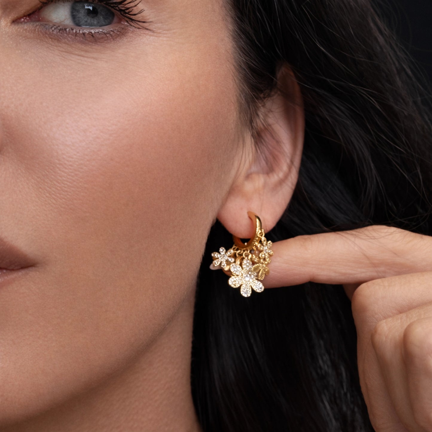 Huggie Hoops with Dangling Pave Flowers