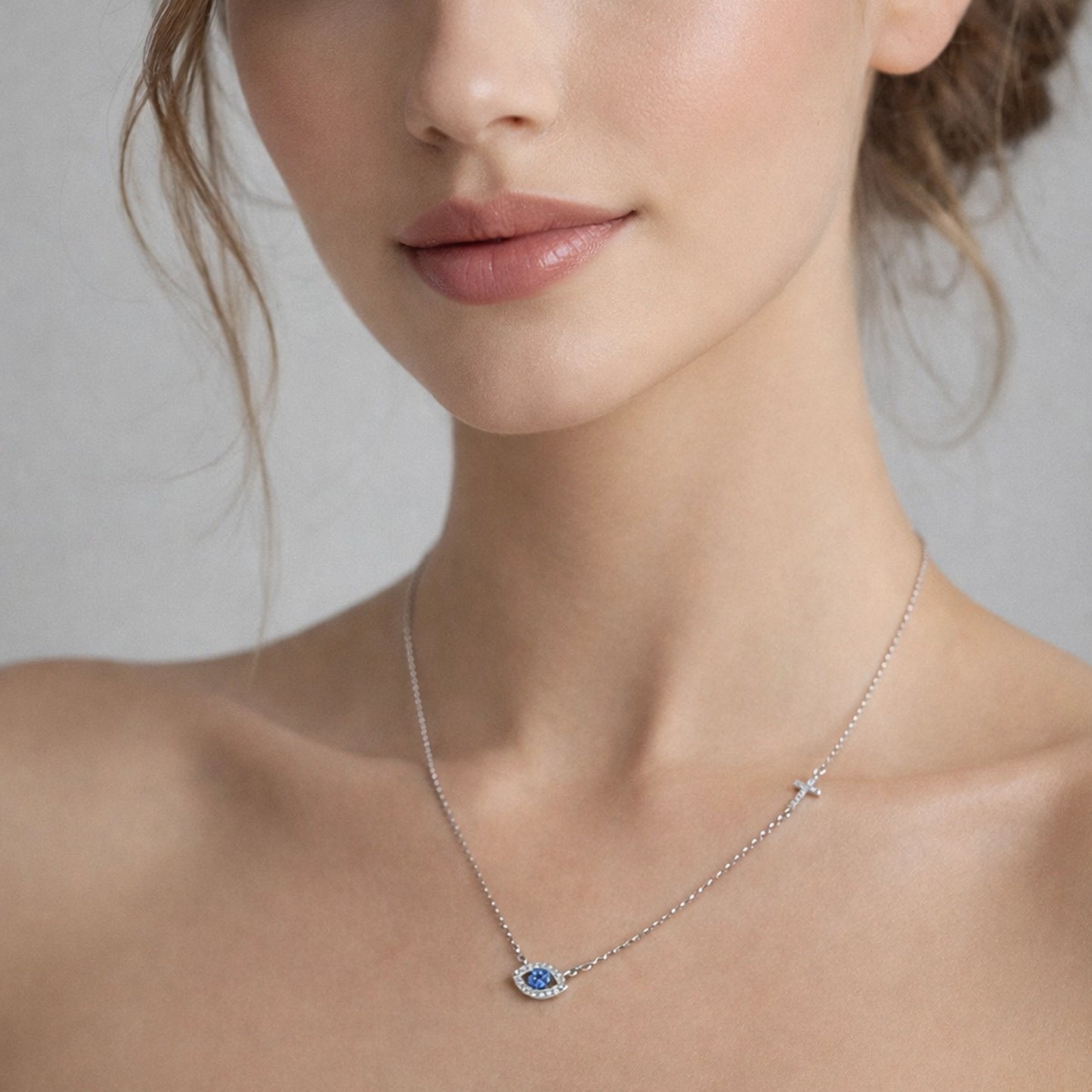 Evil Eye and Sideways Cross Necklace in Sterling Silver