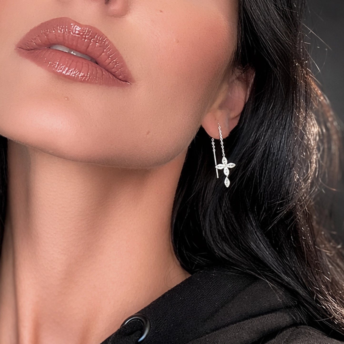 Sterling Silver CZ Cross Threader Earrings