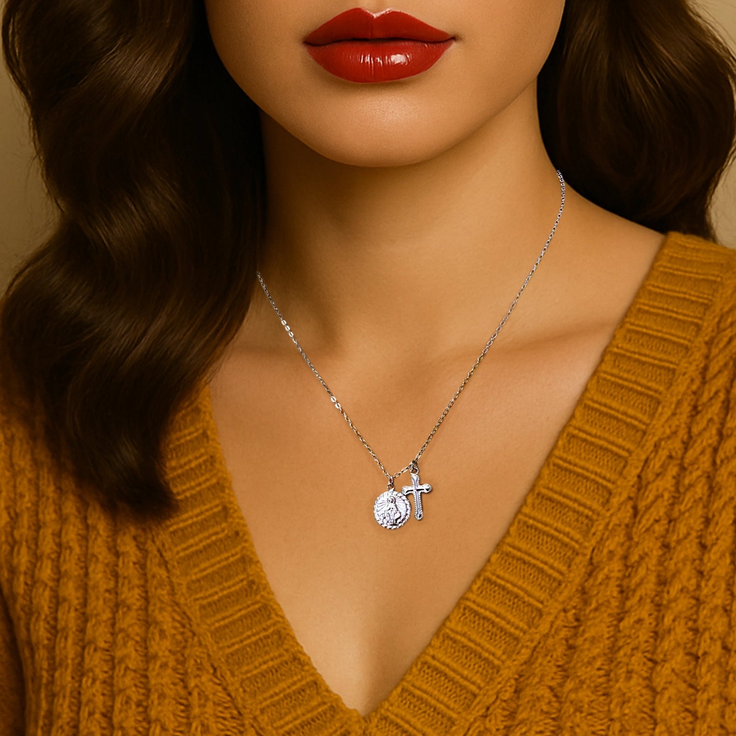 Woman in mustard knit sweater wearing a dainty sterling silver Virgin Mary and cross charm necklace