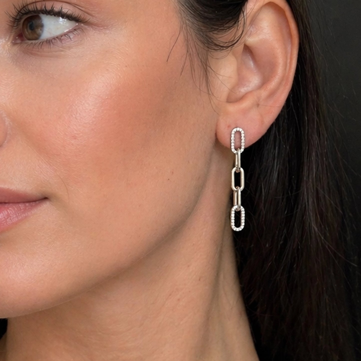 Sterling Silver CZ Chain Link Drop Mismatched Earrings