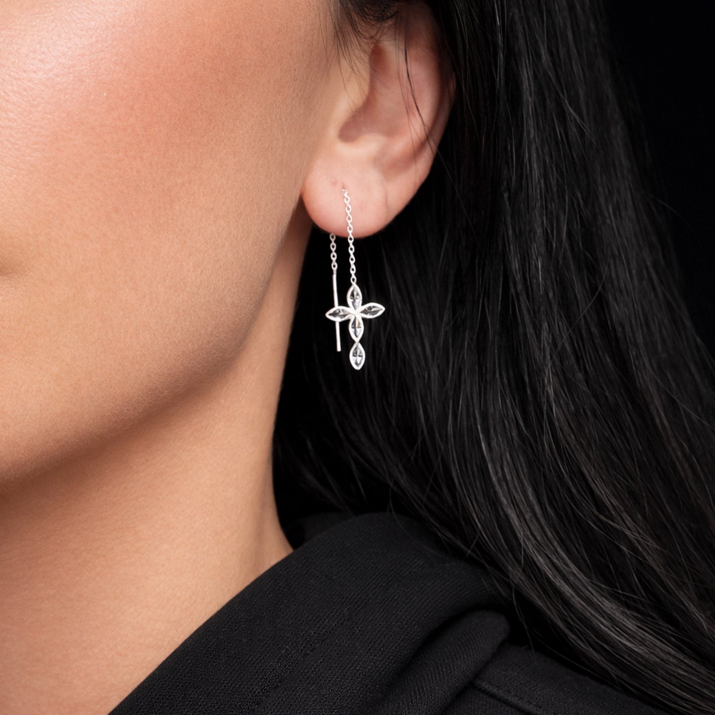 Sterling Silver CZ Cross Threader Earrings