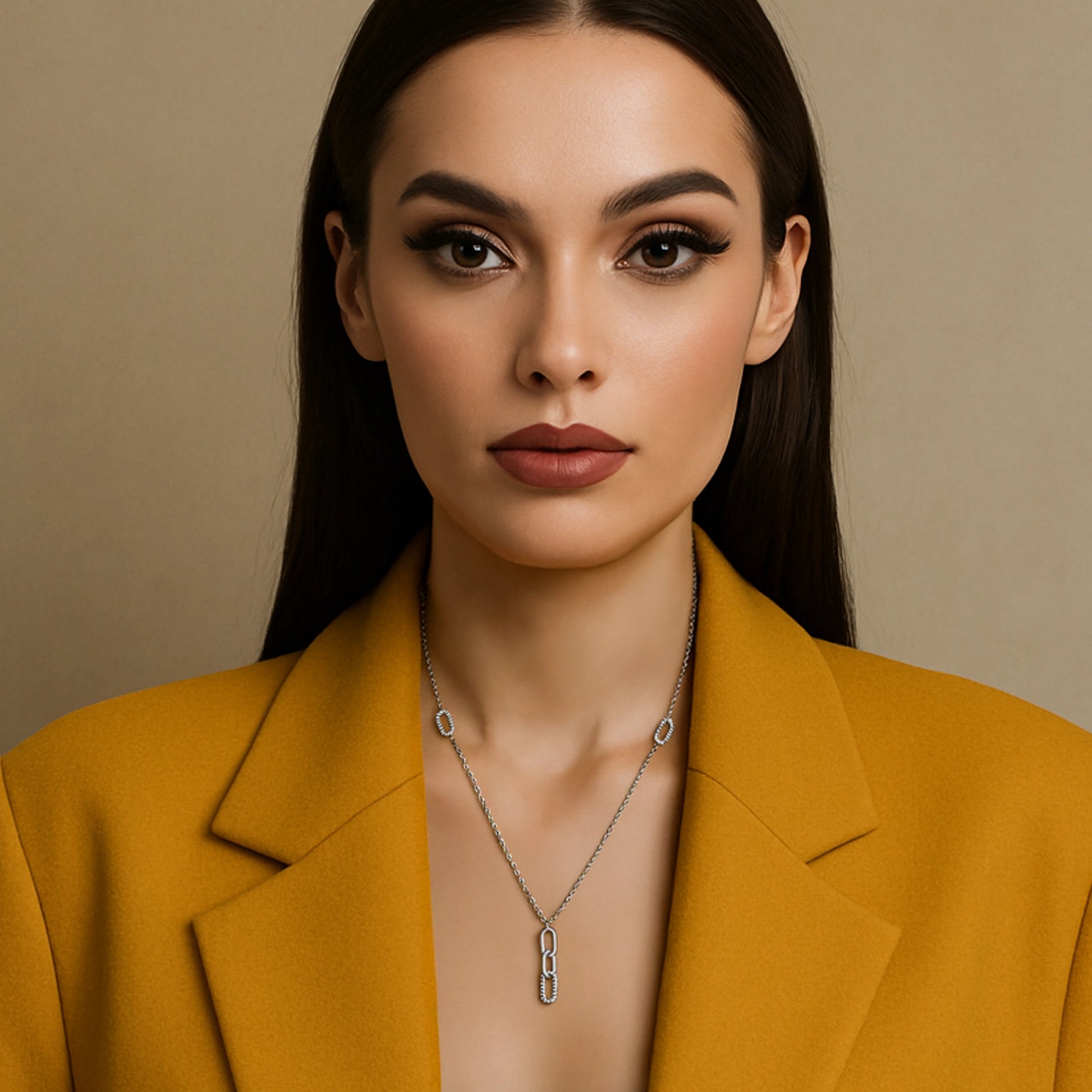 Elegant woman wearing a mustard blazer and a delicate sterling silver necklace with cubic zirconia-studded chain links, styled in the center as a drop pendant.