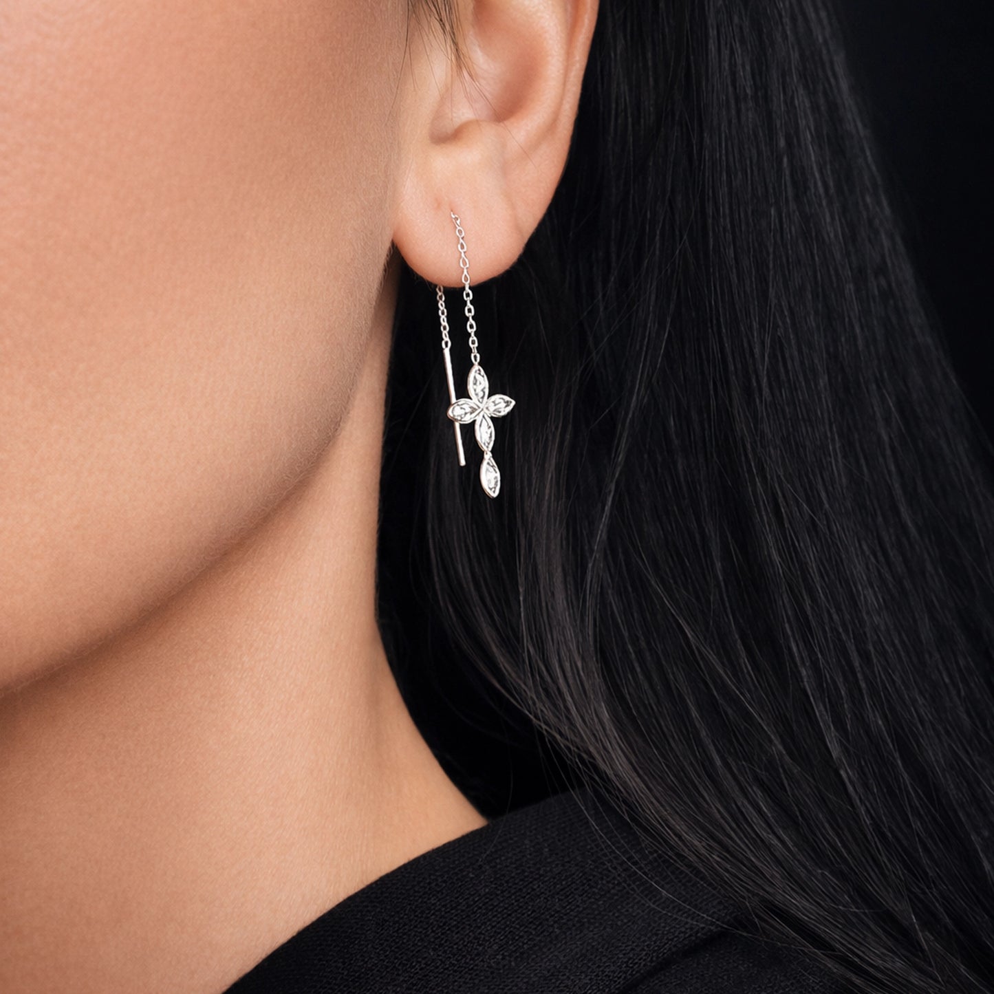 Sterling Silver CZ Cross Threader Earrings