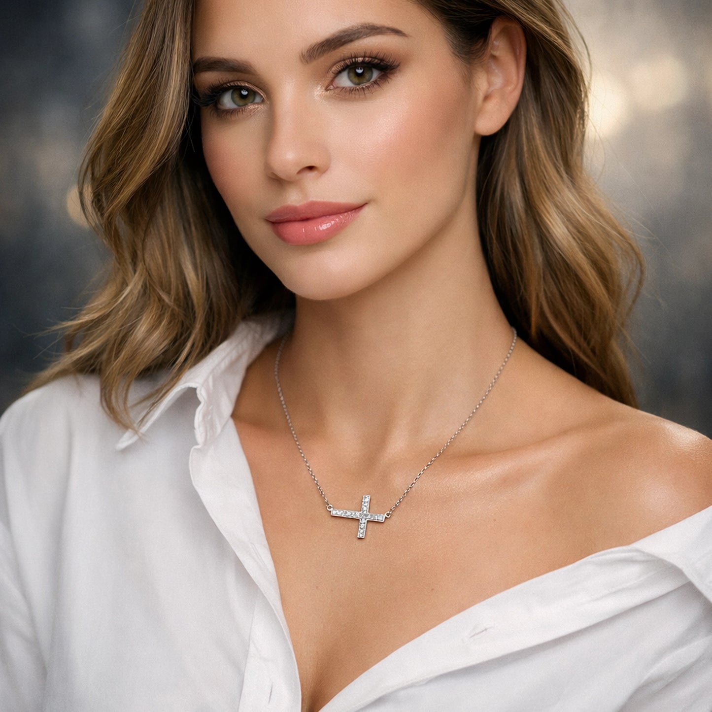 Beautiful model wearing a minimalist silver sideways cz cross necklace; her white shirt elegantly falls off one shoulder, highlighting a soft and elegant neckline.