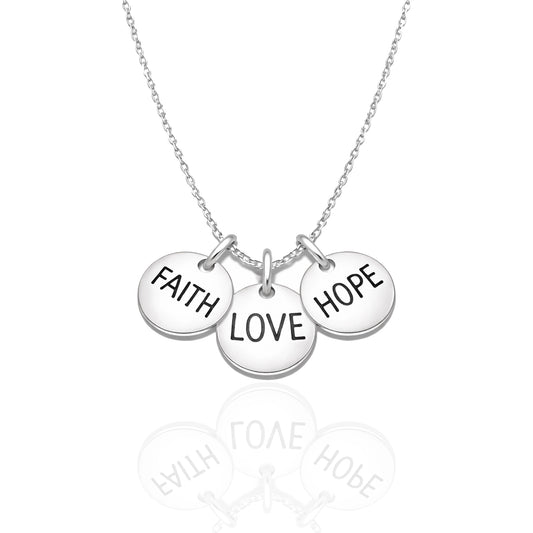 Collar con dije de disco de fe, amor y esperanza