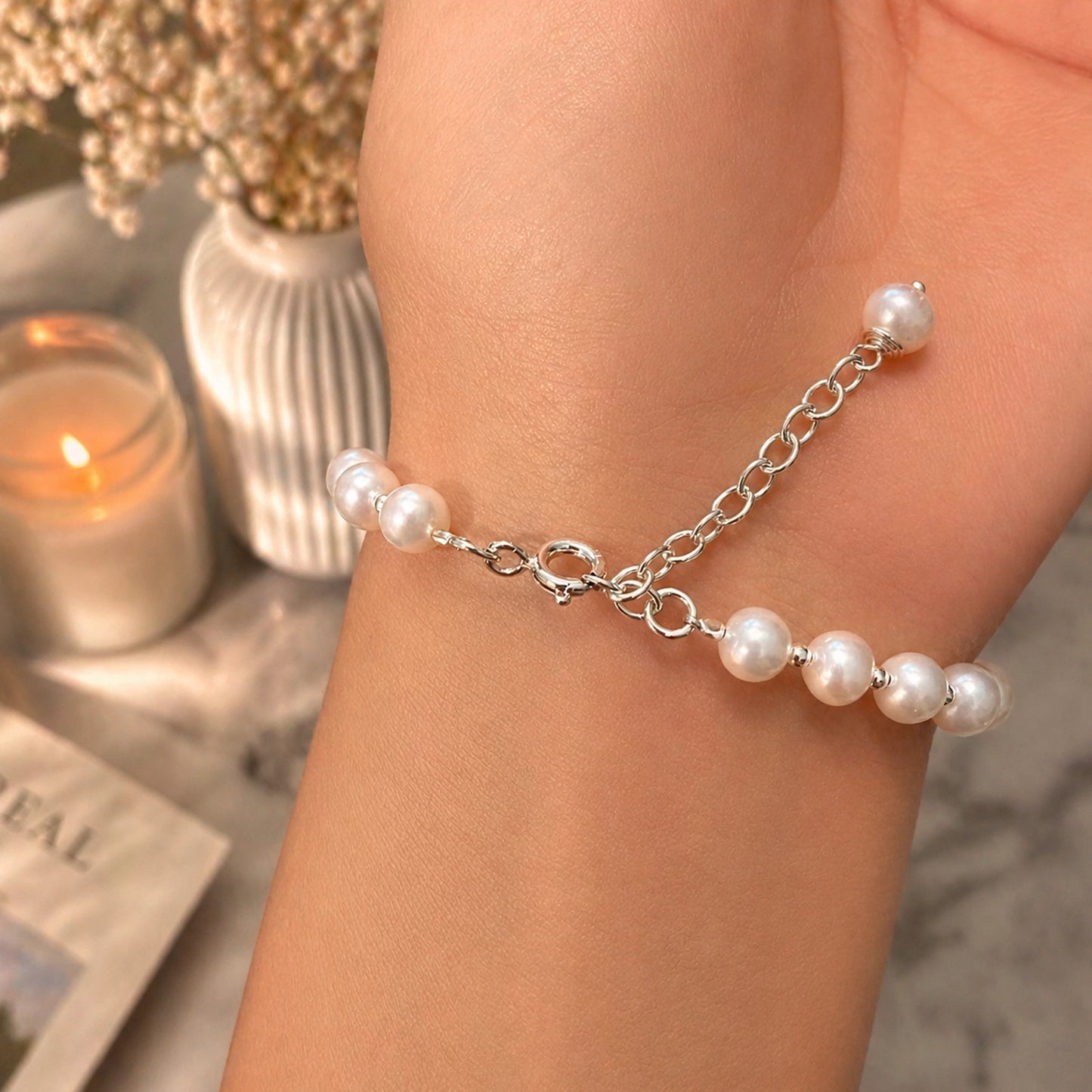 Freshwater Pearl Cross Bracelet in Sterling Silver