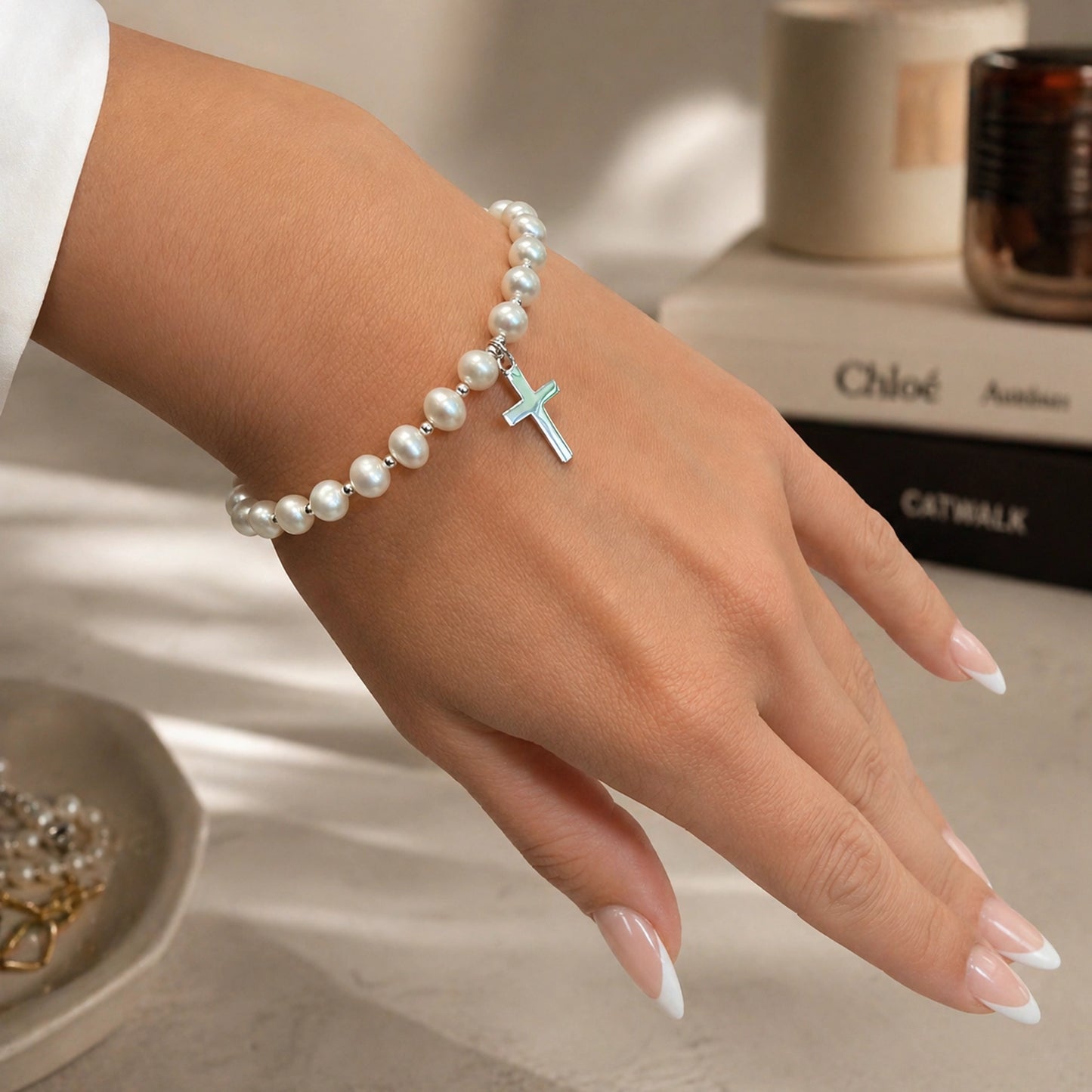 Freshwater Pearl Cross Bracelet in Sterling Silver