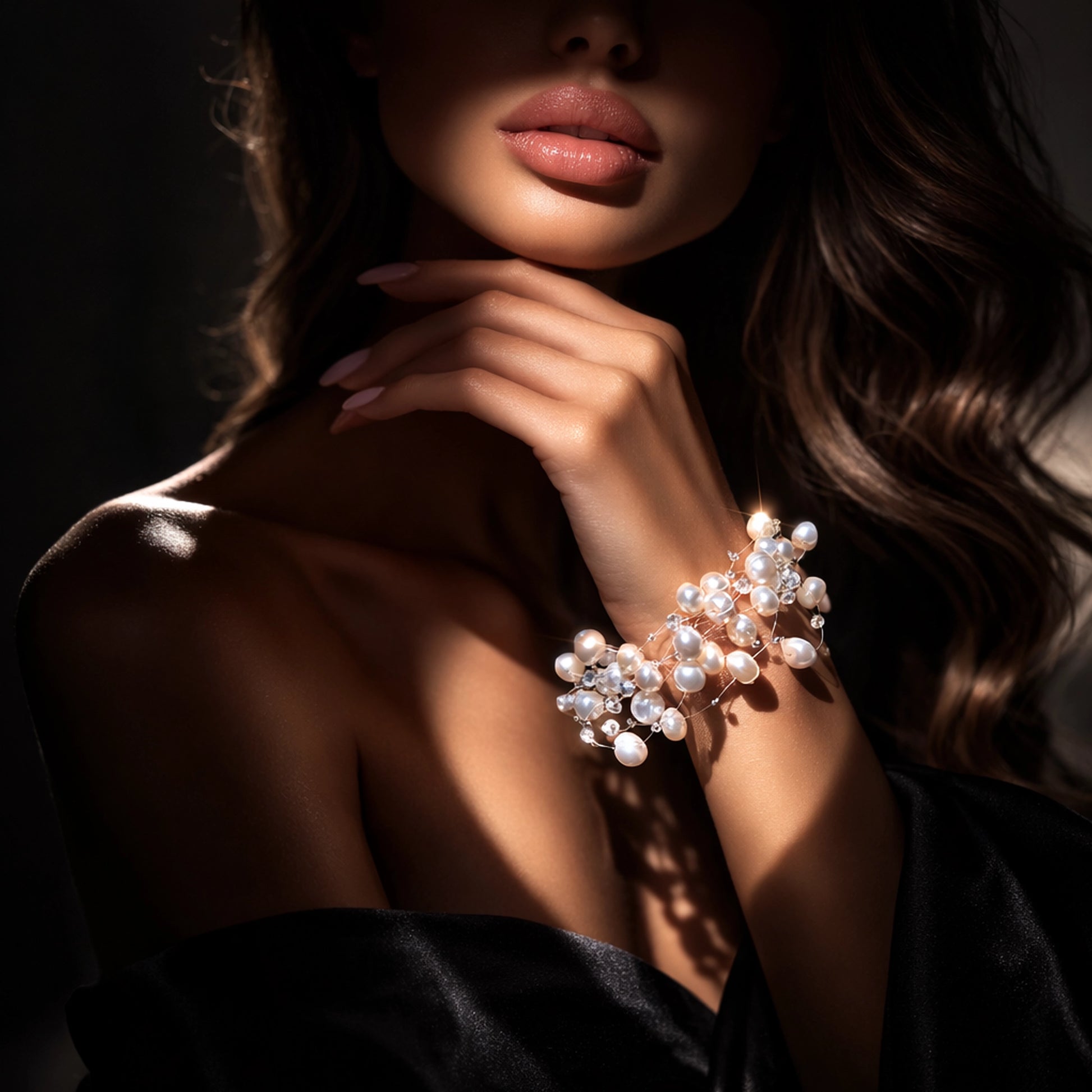 Freshwater pearl cluster bracelet on elegant model hand near lips • glowing white pearl statement bracelet • handmade bridal pearl bracelet • luxury wedding jewelry • feminine romantic pearl bracelet close-up