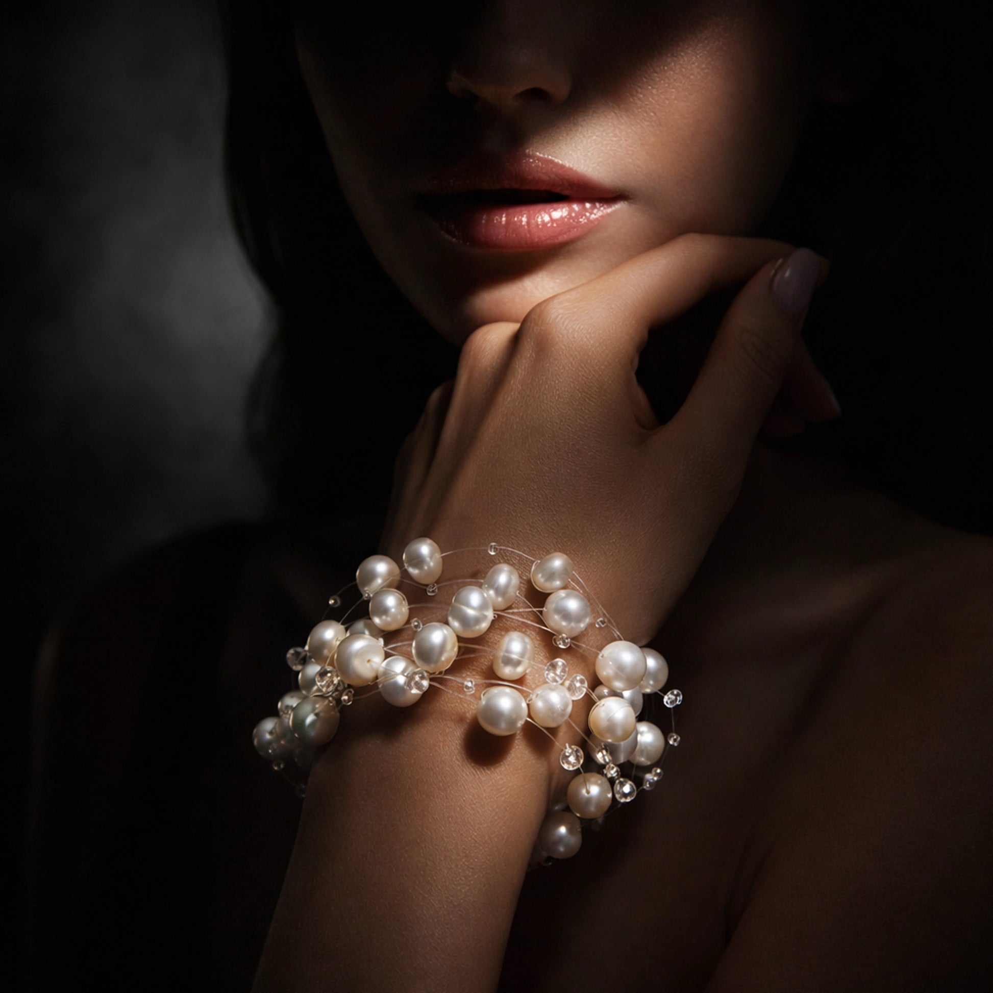 Elegant freshwater pearl bracelet on delicate female wrist • multi-strand floating pearl bracelet • bridal pearl jewelry