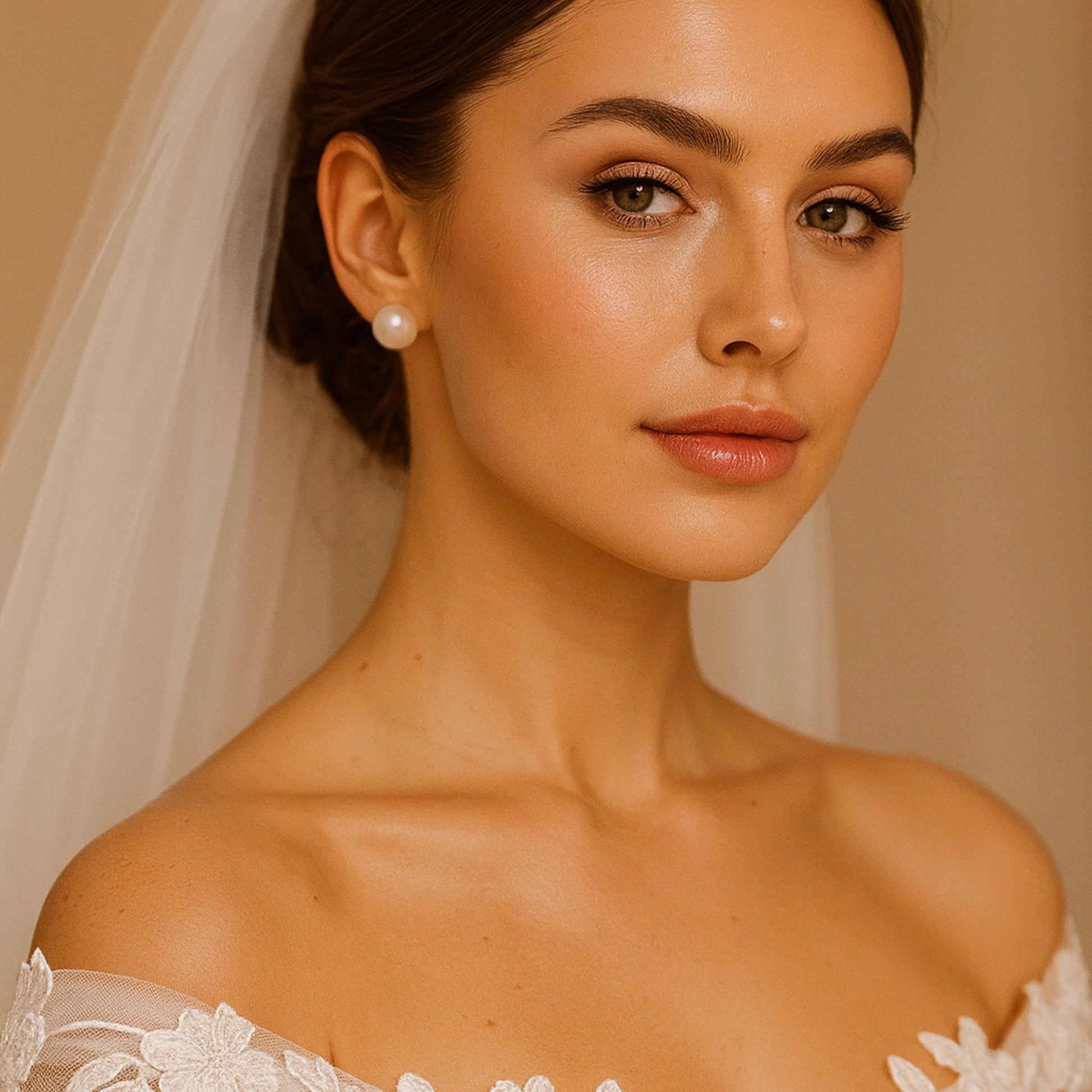 Bride wearing classic white freshwater pearl stud earrings with elegant veil and soft romantic makeup.