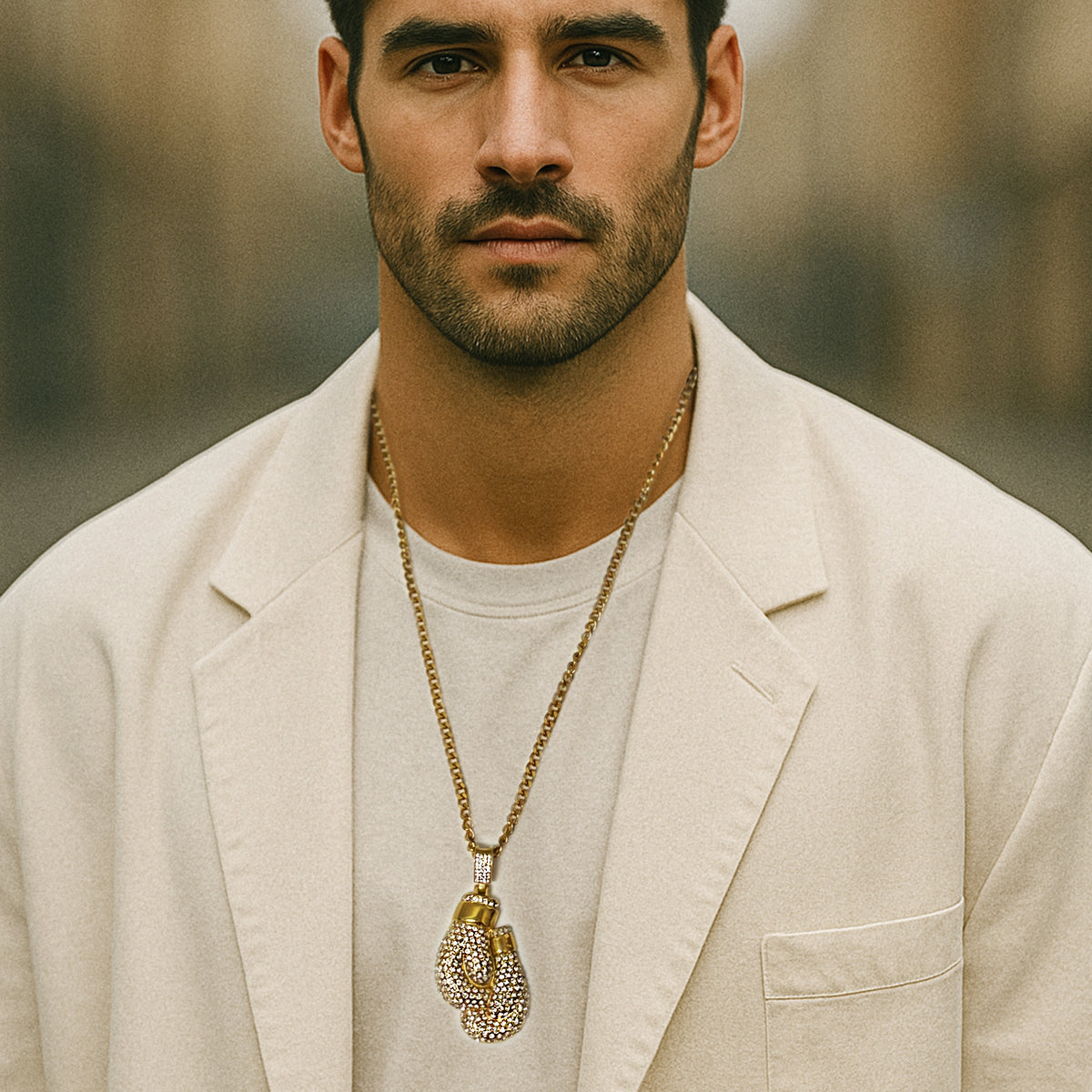 Man in beige blazer wearing gold curb chain with iced out boxing glove pendant necklace, urban fashion style