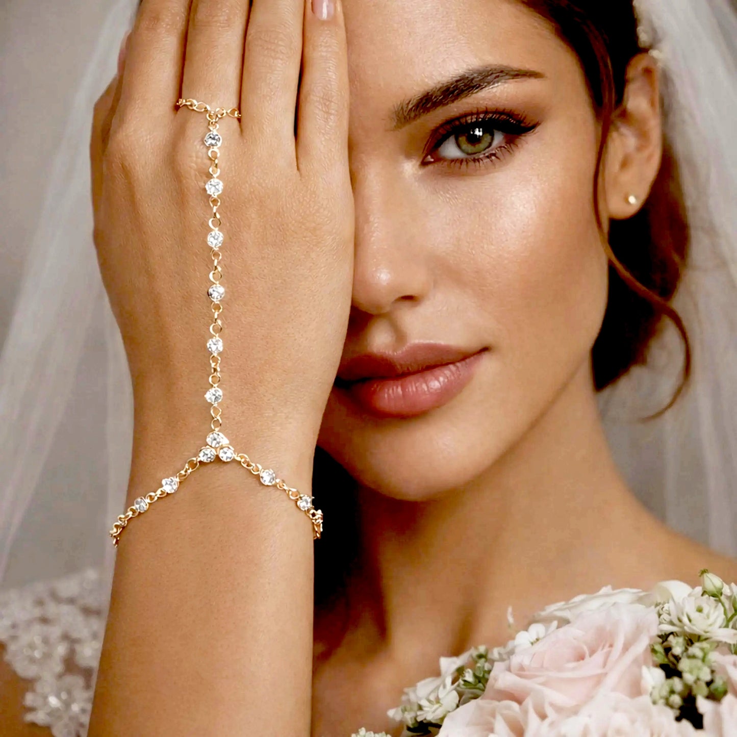 Gold CZ Hand Chain Bracelet