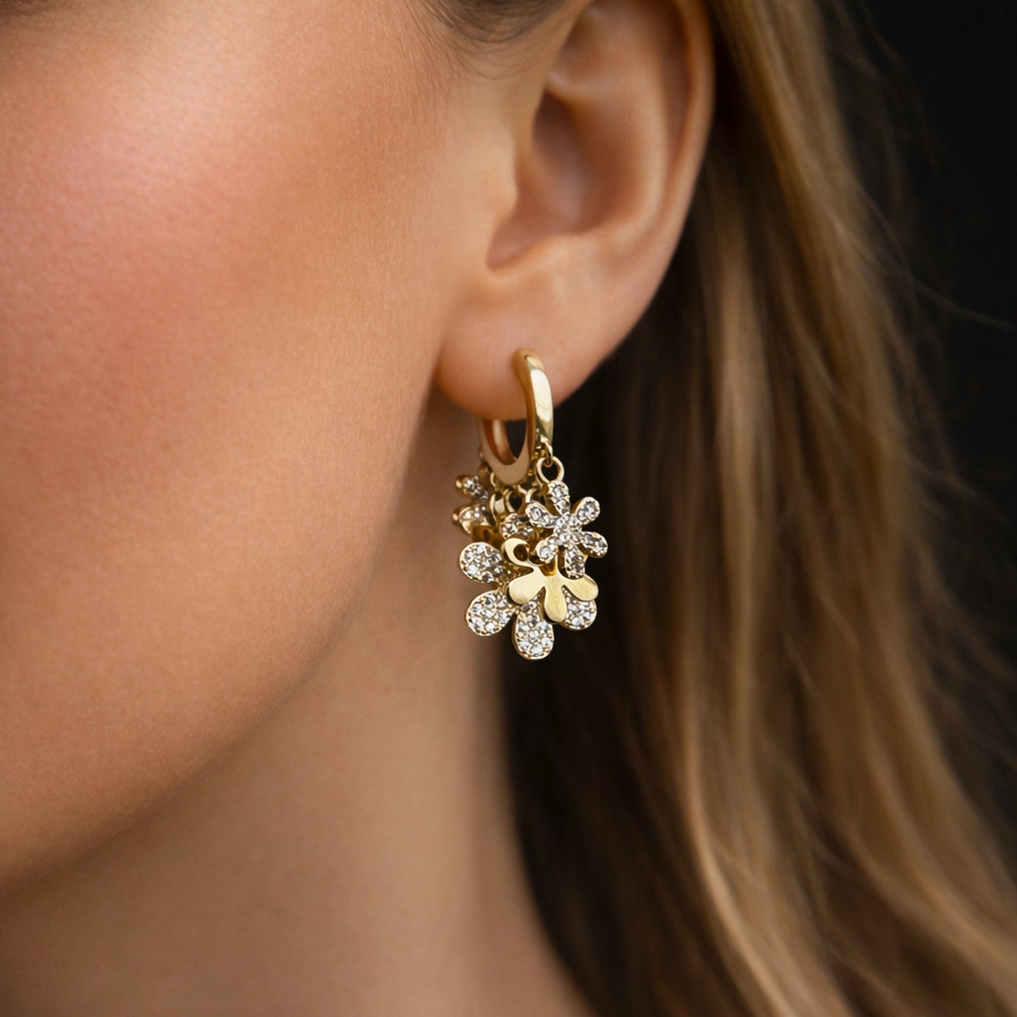 Huggie Hoops with Dangling Pave Flowers