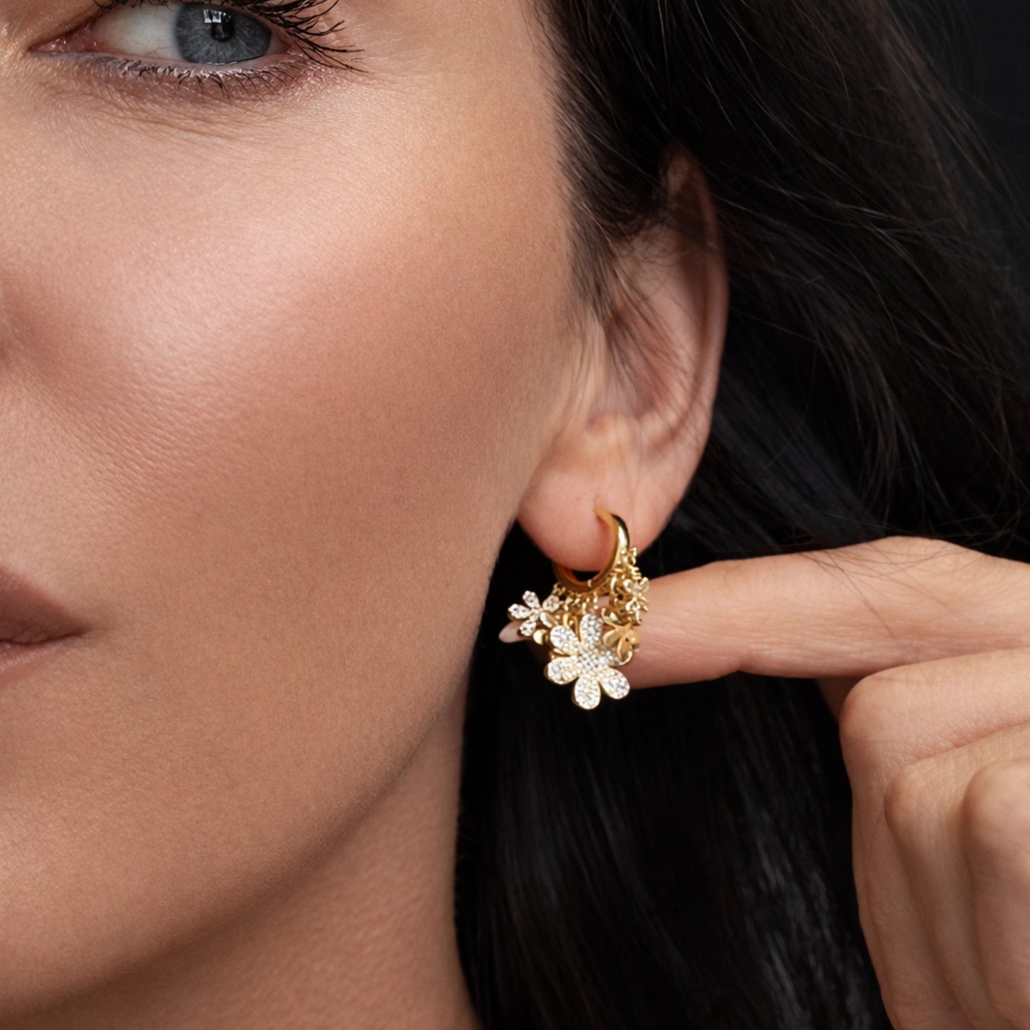 Huggie Hoops with Dangling Pave Flowers