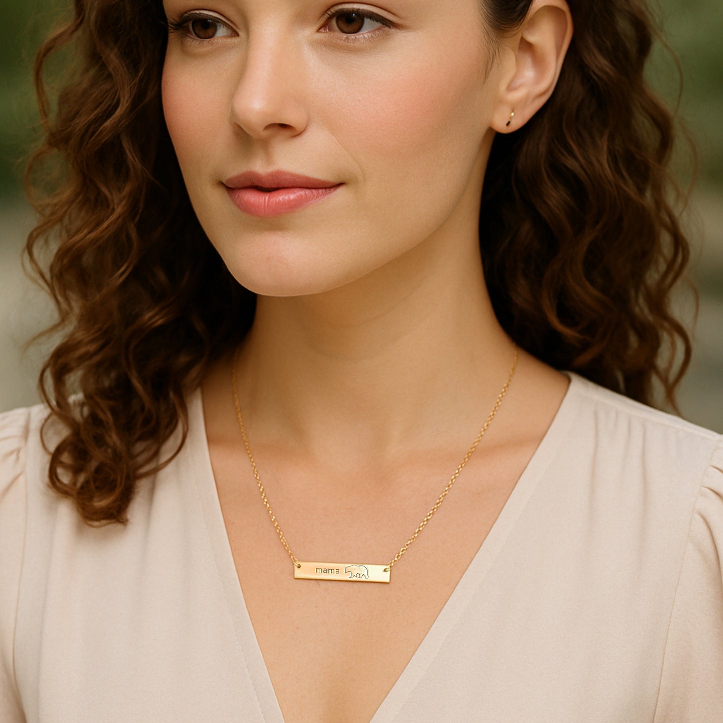 Mama Bear Engraved Horizontal Bar Necklace