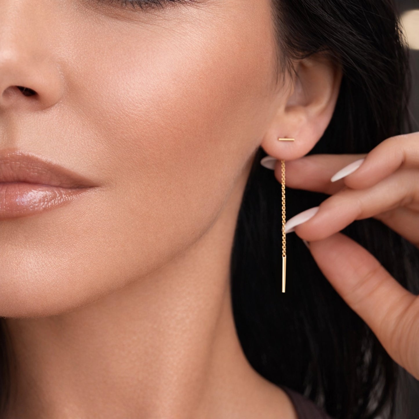 Pendientes de cadena de oro con barra en T