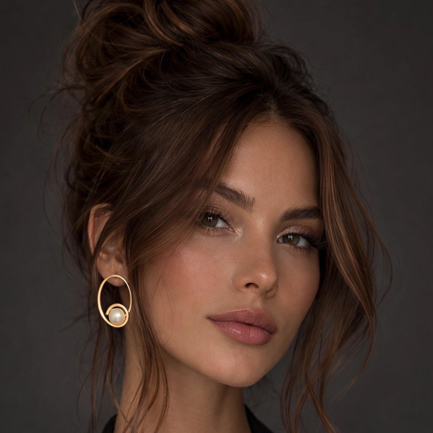 Gold hoop pearl earrings on a stylish brunette model with an elegant updo hairstyle, wearing a black blazer, close-up studio portrait with soft professional lighting, showcasing modern minimalist gold circle earrings with a single pearl accent.