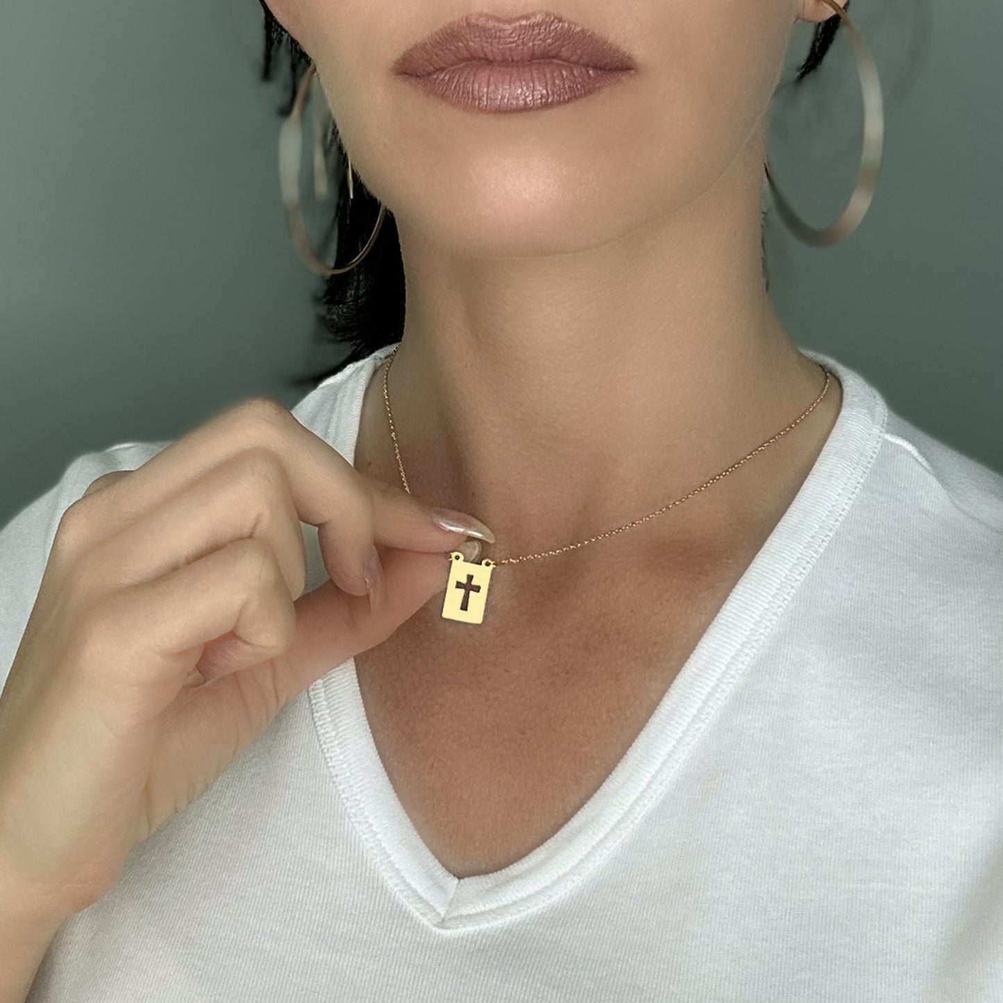 Rectangular Tag Necklace with Cut Out Cross in 18K Gold Filled