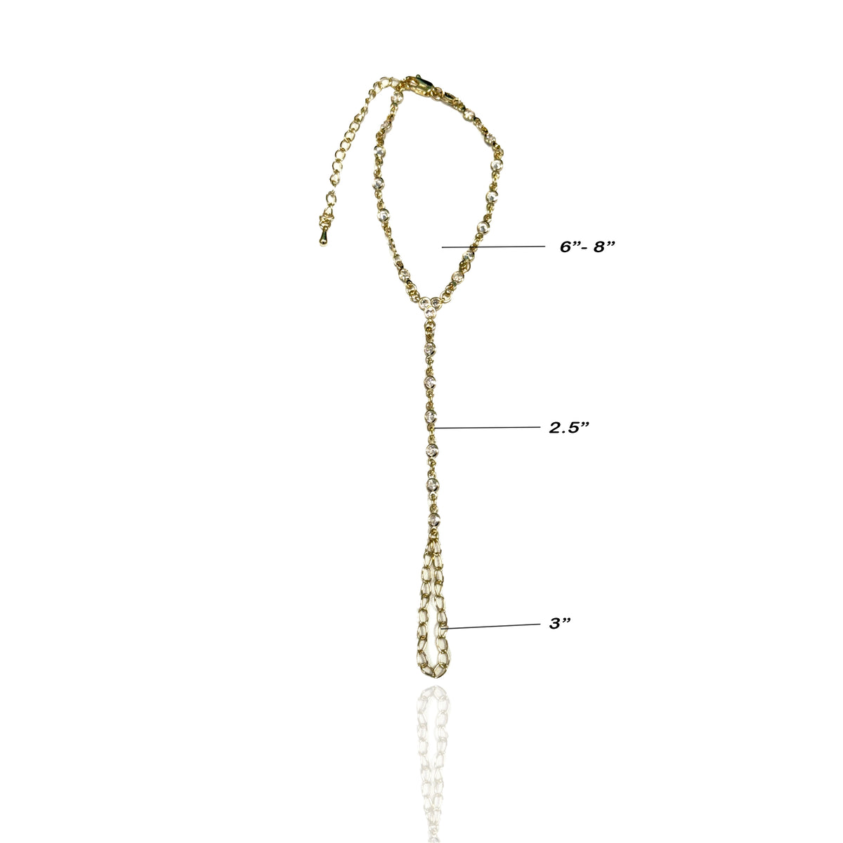 Diagram of a gold filled CZ hand chain with measurements: 6"-8" bracelet, 2.5" connector, and 3" ring loop.