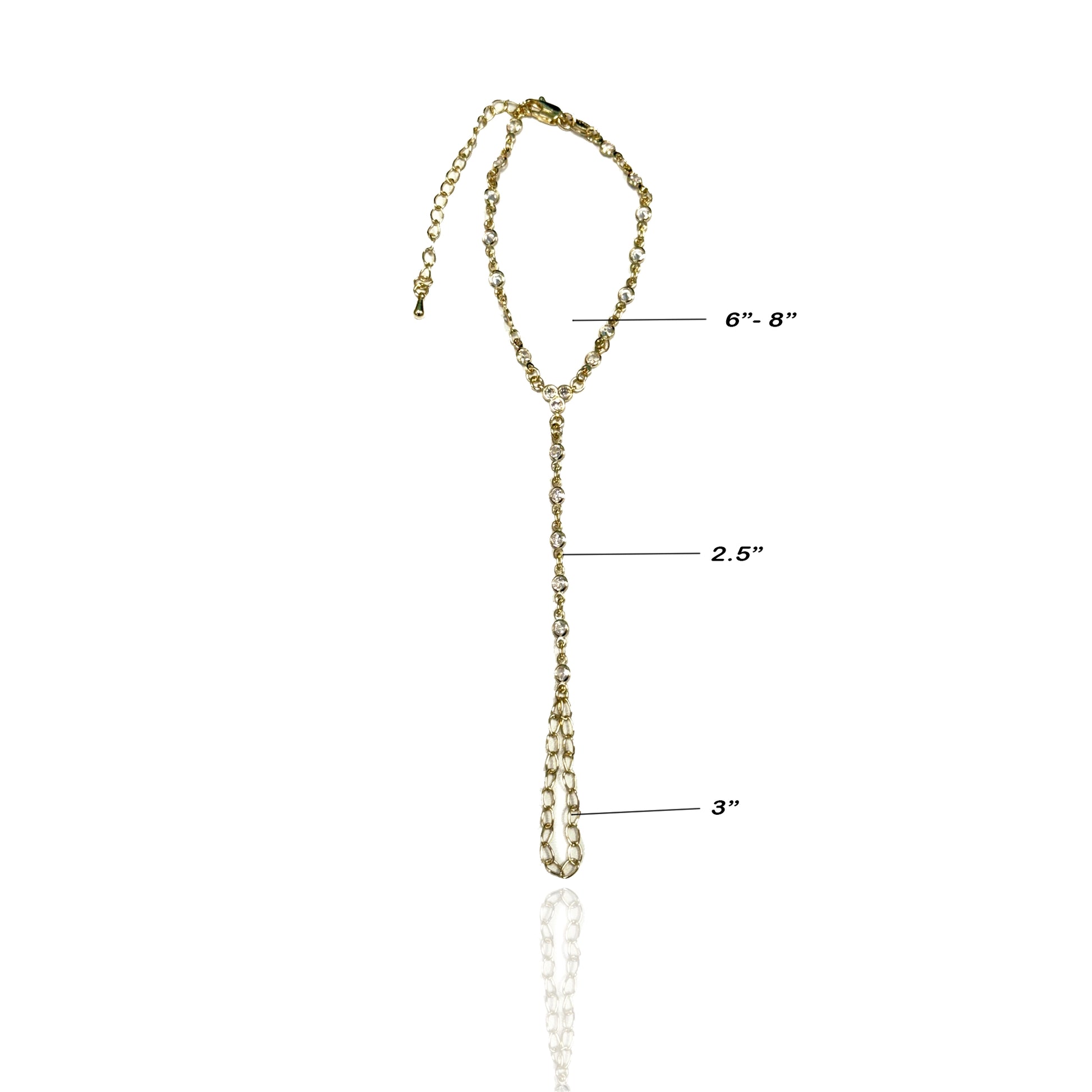 Diagram of a gold filled CZ hand chain with measurements: 6"-8" bracelet, 2.5" connector, and 3" ring loop.
