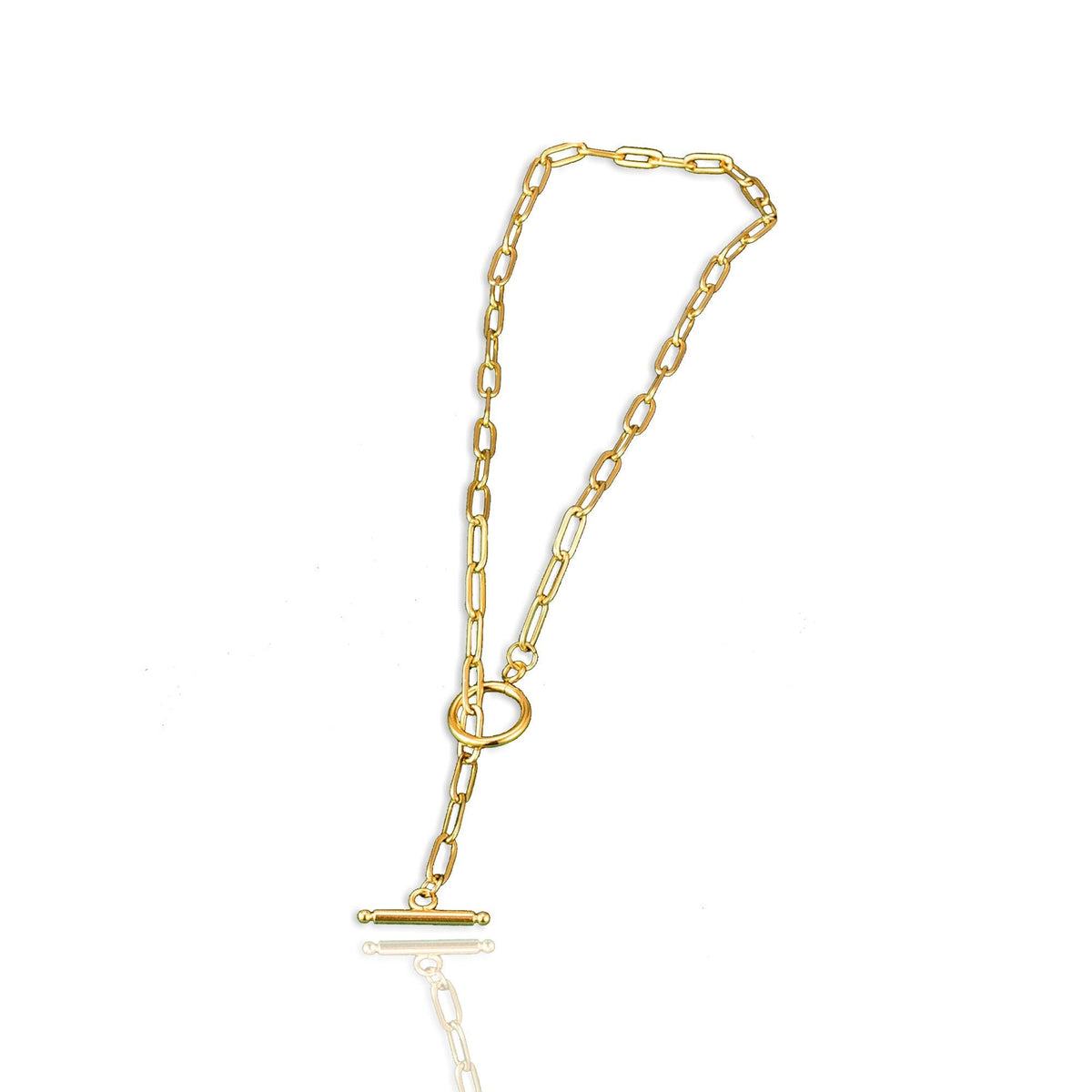 Gold paperclip chain necklace with a toggle clasp, displayed on a white background. The necklace features elongated links and a drop-style toggle closure positioned at the center.