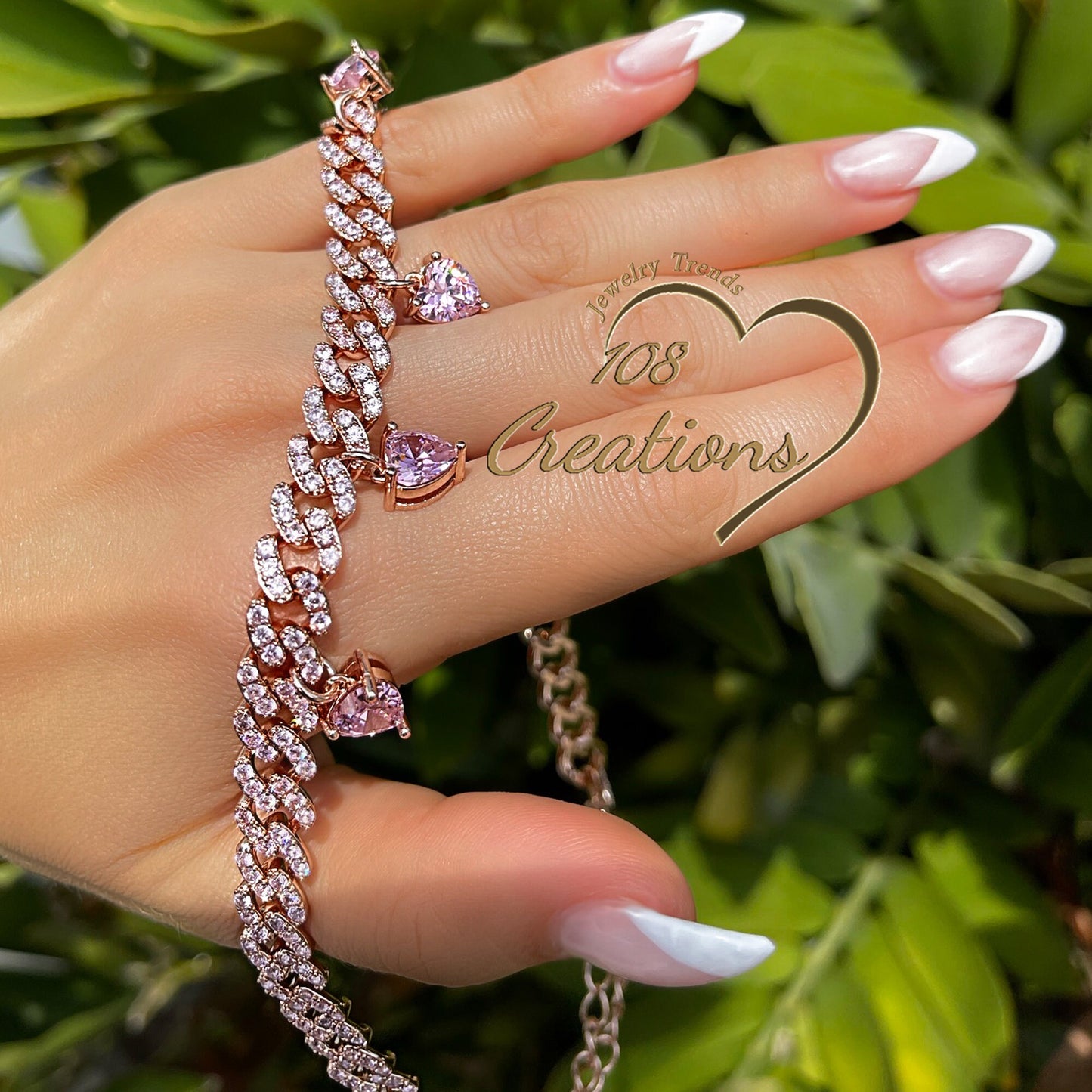 CZ Cuban Chain Choker with Dangle Pink CZ Heart Pendants