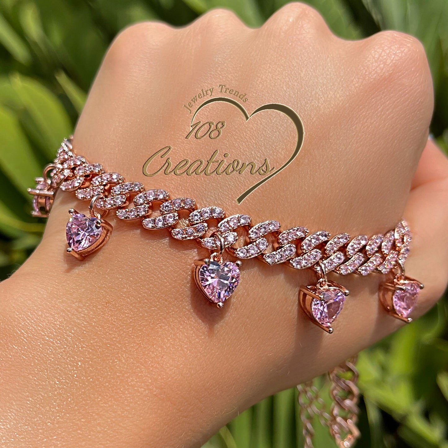 CZ Cuban Chain Choker with Dangle Pink CZ Heart Pendants