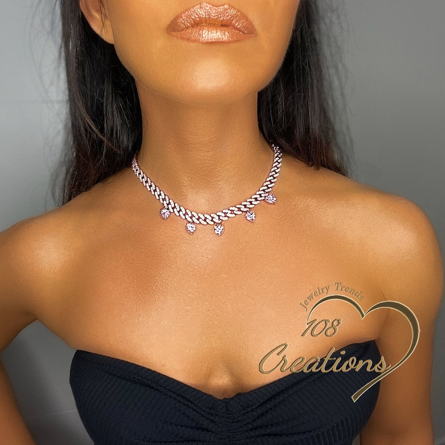 CZ Cuban Chain Choker with Dangle Pink CZ Heart Pendants