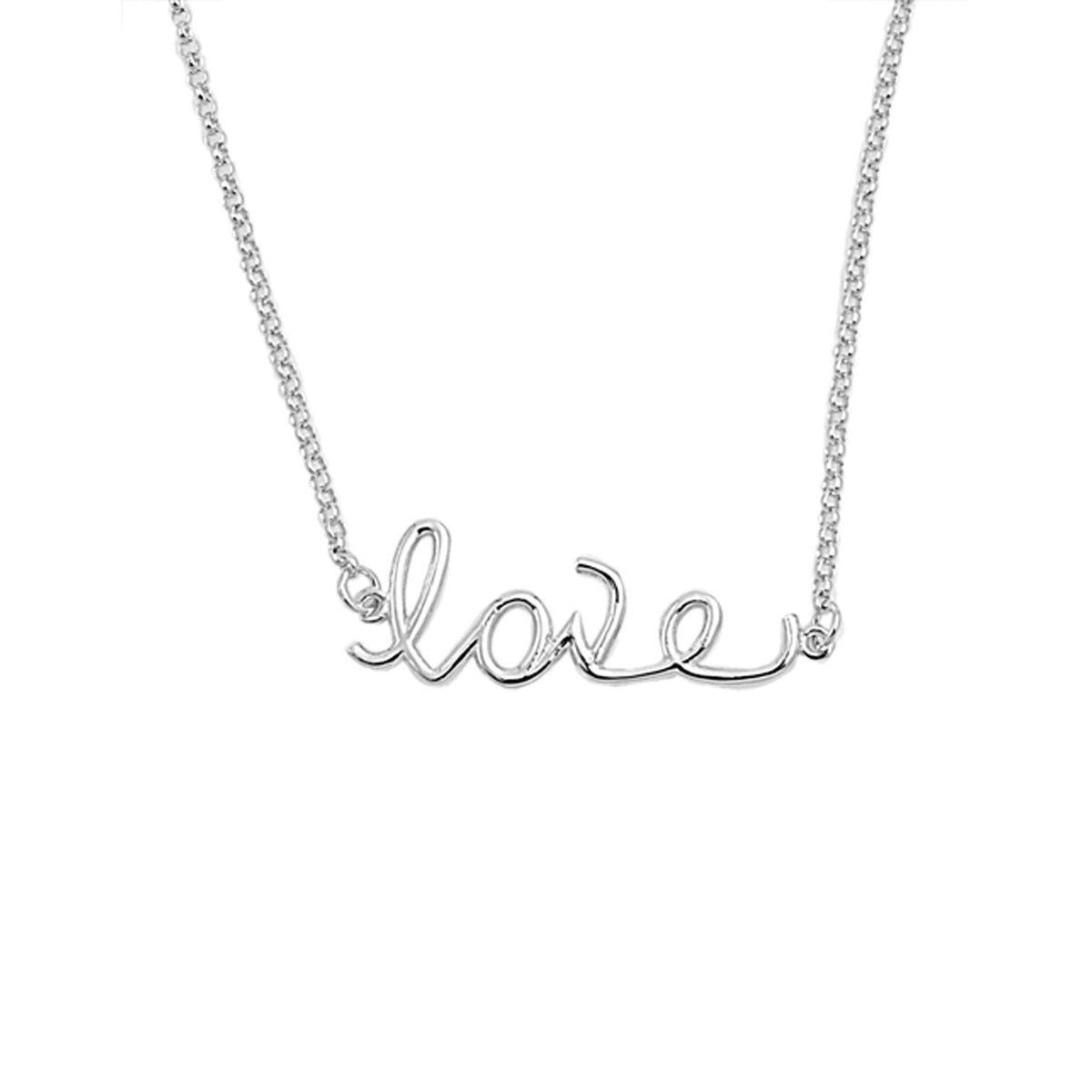Minimalist sterling silver love script necklace with a delicate cursive design
