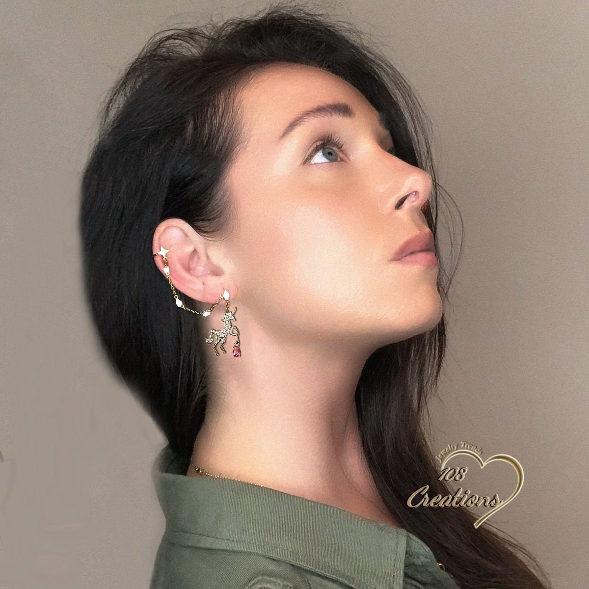 Unicorn Chain Threader Cuff Earring in Gold with CZs