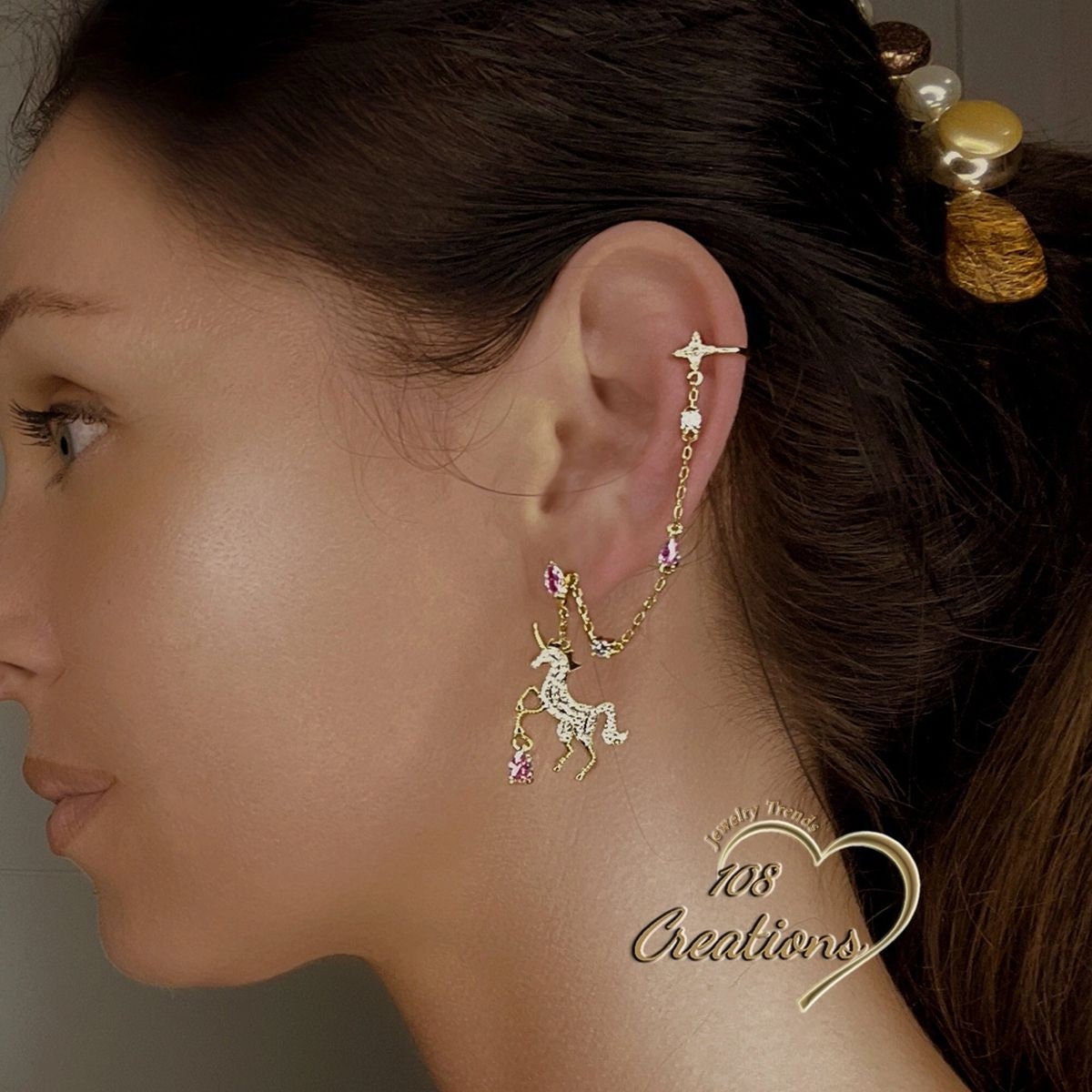 Unicorn Chain Threader Cuff Earring in Gold with CZs