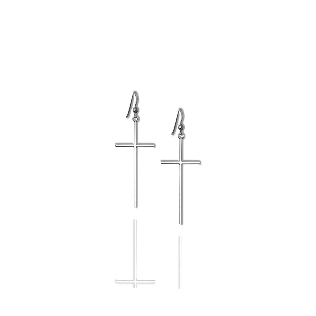 Sterling silver long cross dangle earrings with minimalist design on white background, lightweight drop earrings for women.