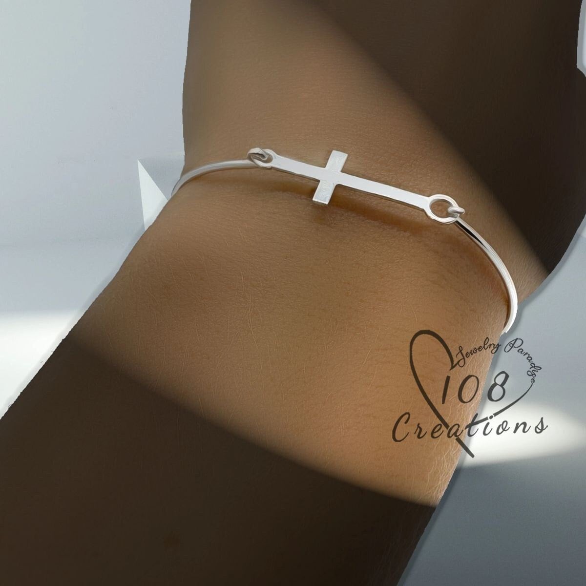 Sideways Cross Bangle Bracelet in Premium Sterling Silver