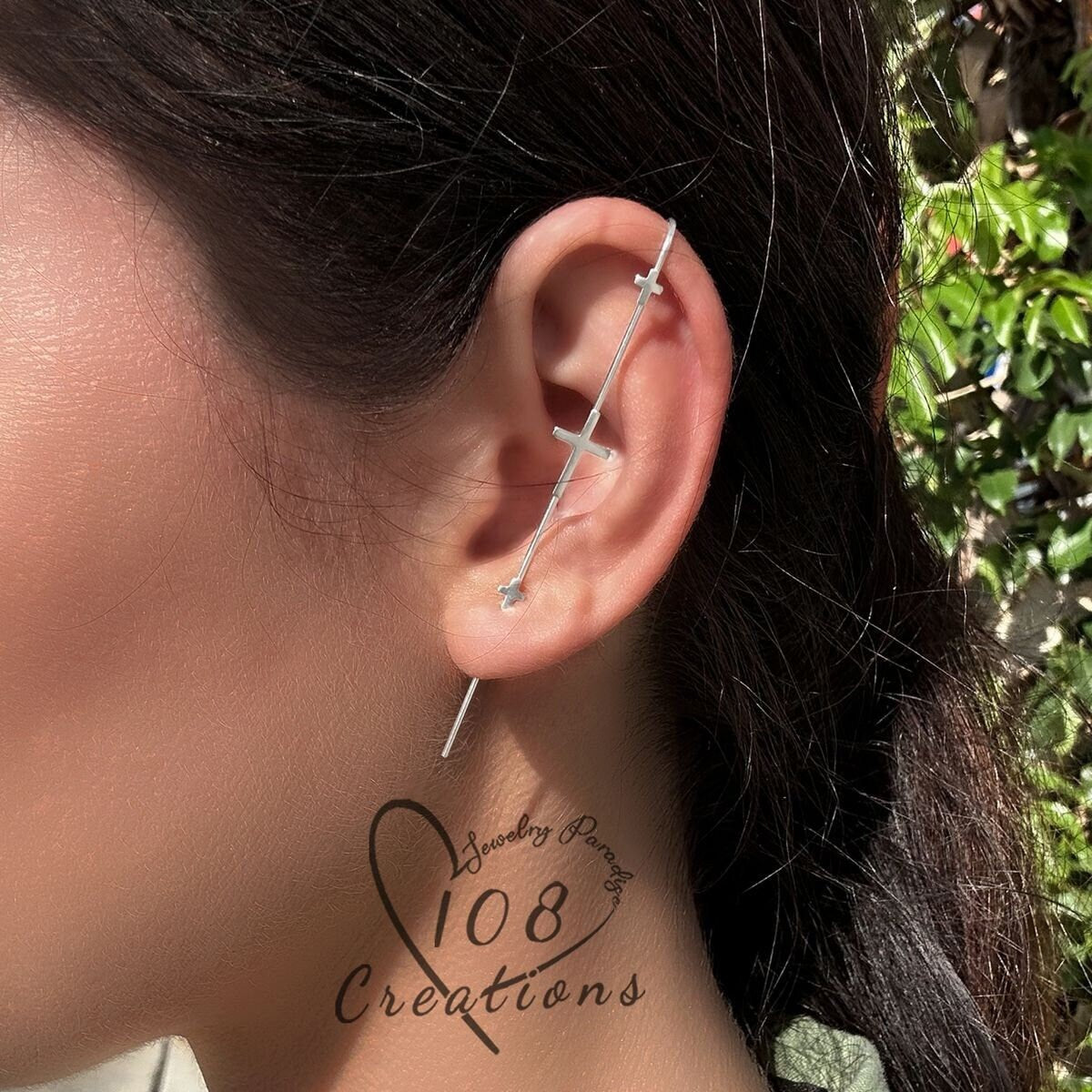 Triple Cross Single Pin Earring in Sterling Silver